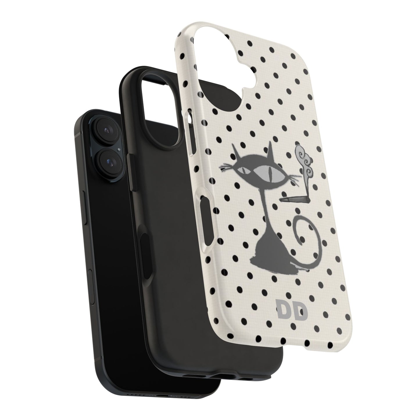 Le Cat Phone Case in Cream & Black Polka