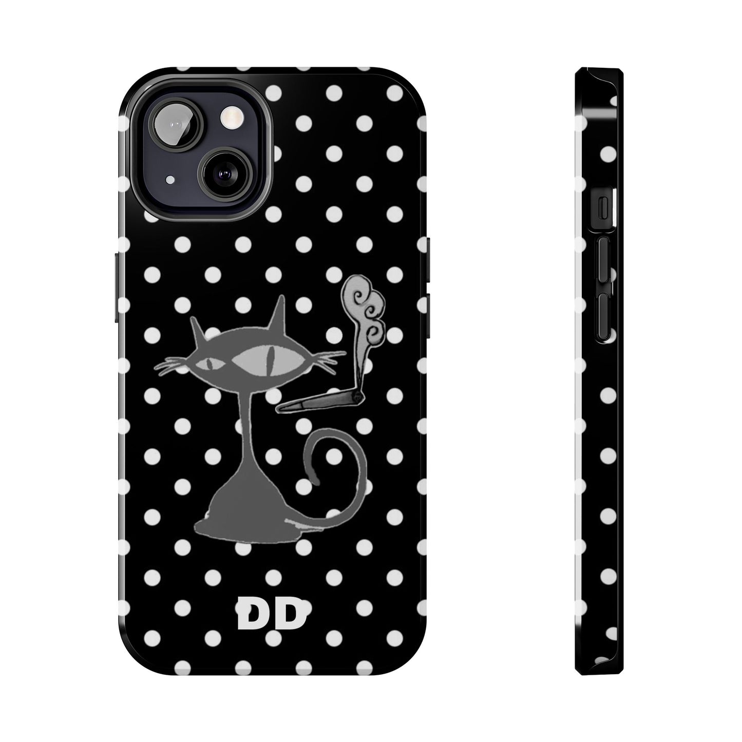 Le Cat Phone Case in Black & White Polka Dots