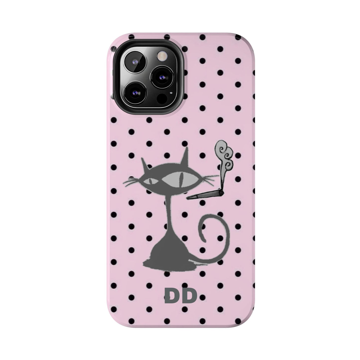 Le Cat Phone Case in Pink & Black Polka Dots