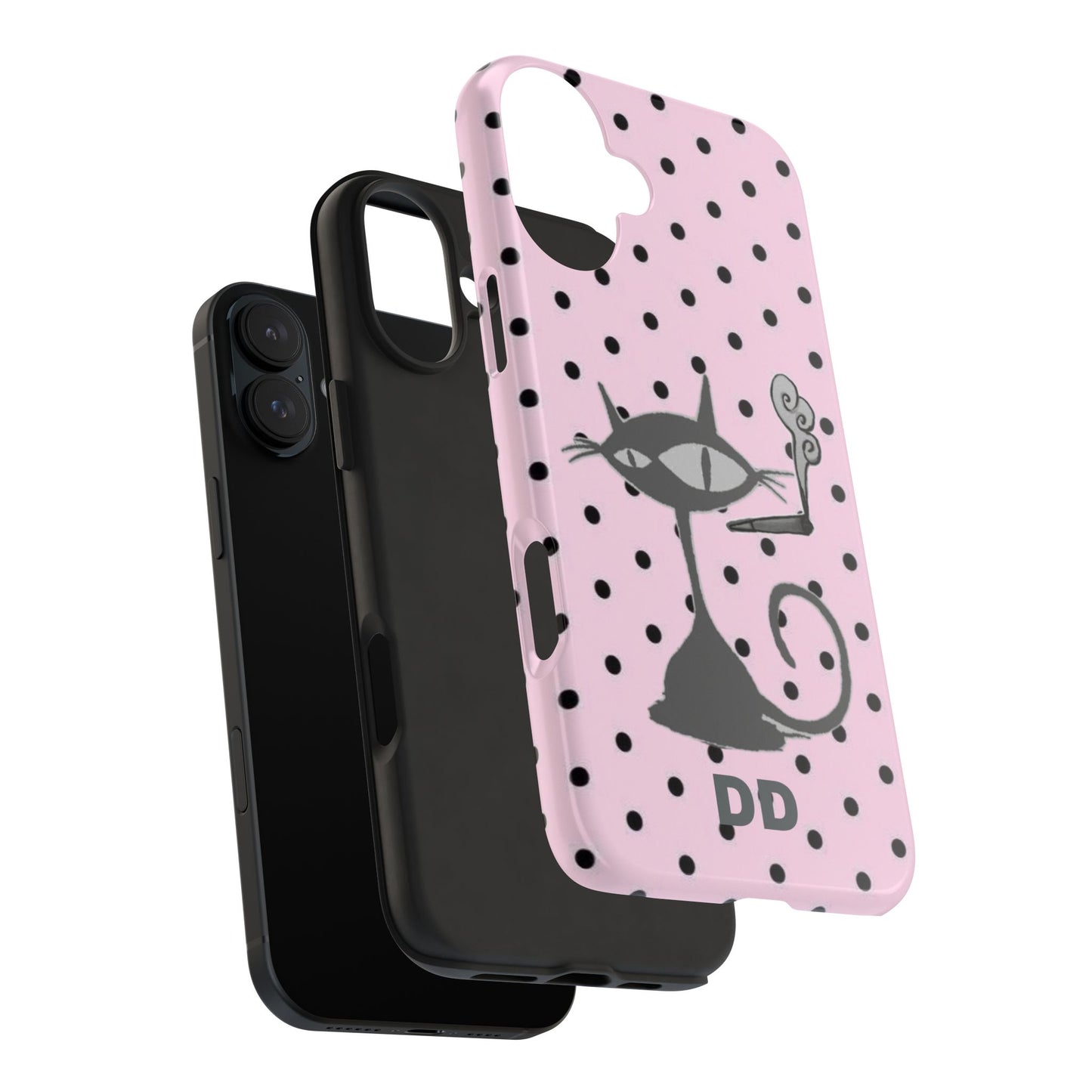 Le Cat Phone Case in Pink & Black Polka Dots