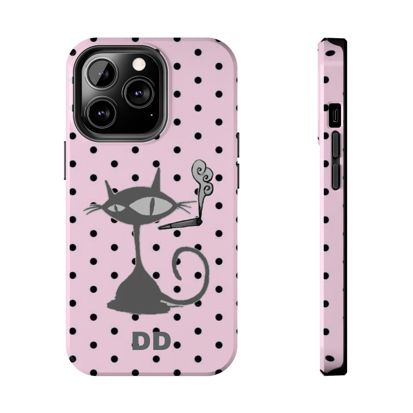 Le Cat Phone Case in Pink & Black Polka Dots