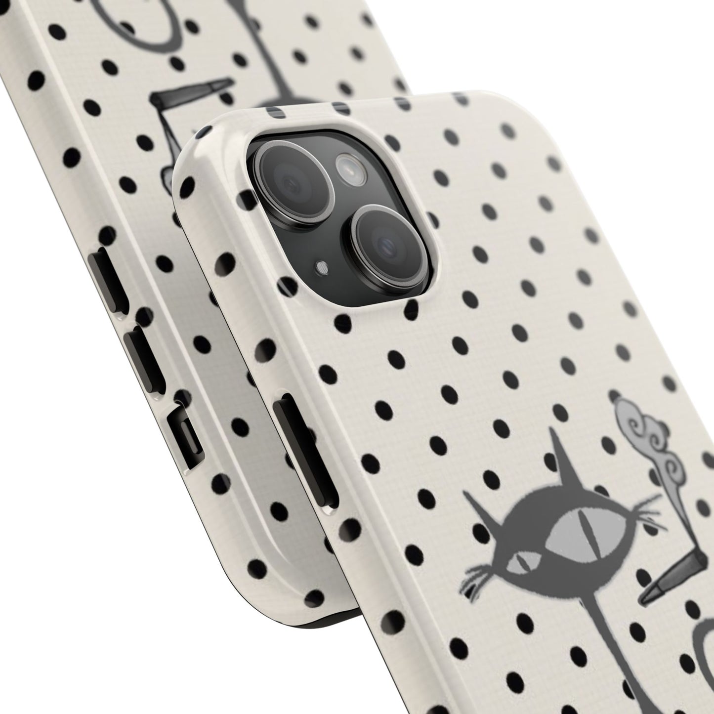 Le Cat Phone Case in Cream & Black Polka
