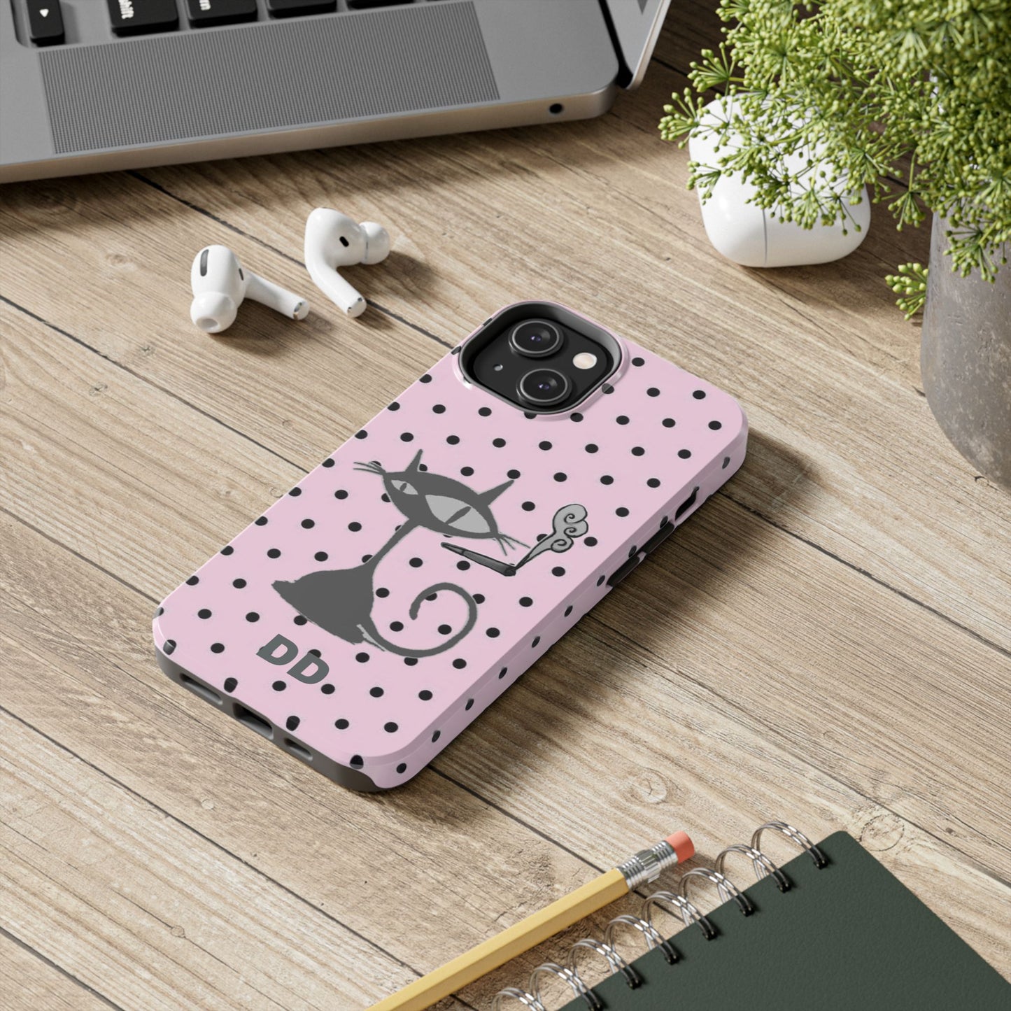 Le Cat Phone Case in Pink & Black Polka Dots