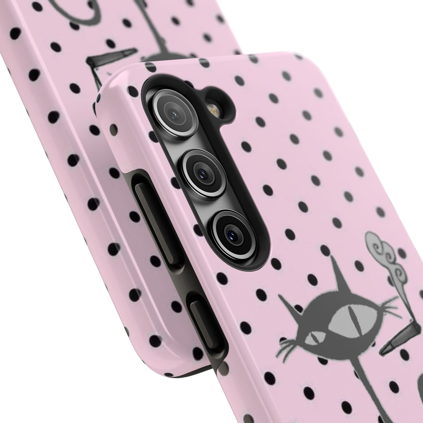 Le Cat Phone Case in Pink & Black Polka Dots