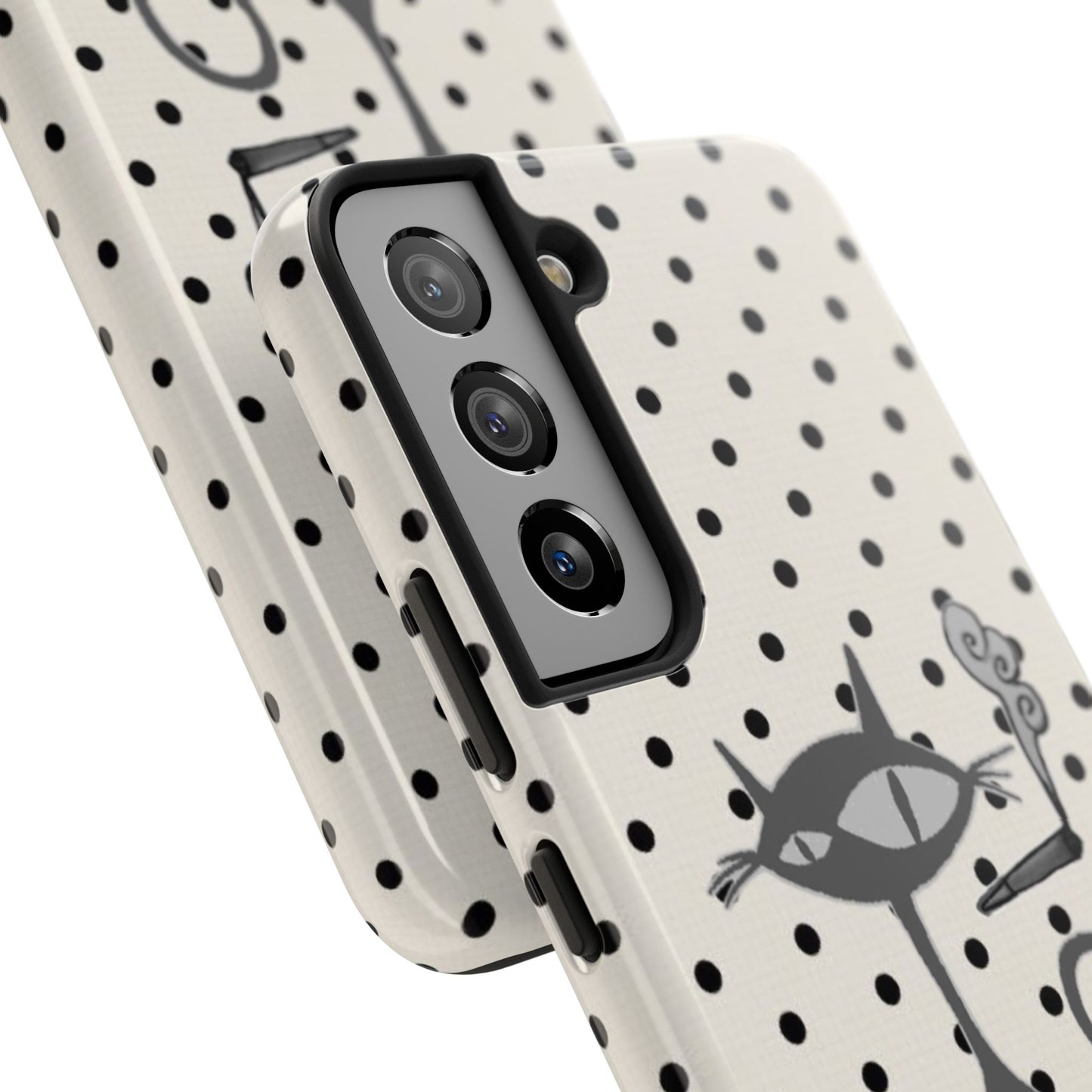 Le Cat Phone Case in Cream & Black Polka