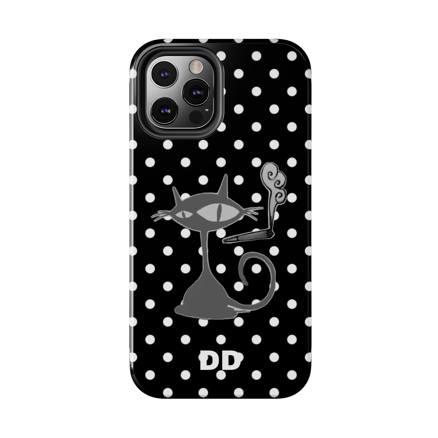 Le Cat Phone Case in Black & White Polka Dots