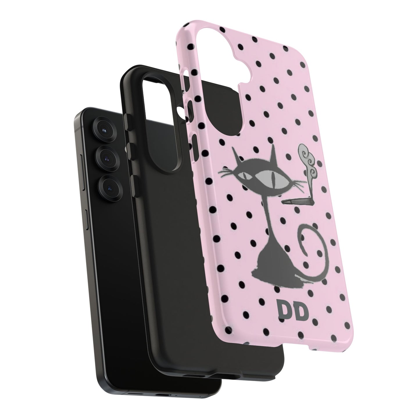 Le Cat Phone Case in Pink & Black Polka Dots