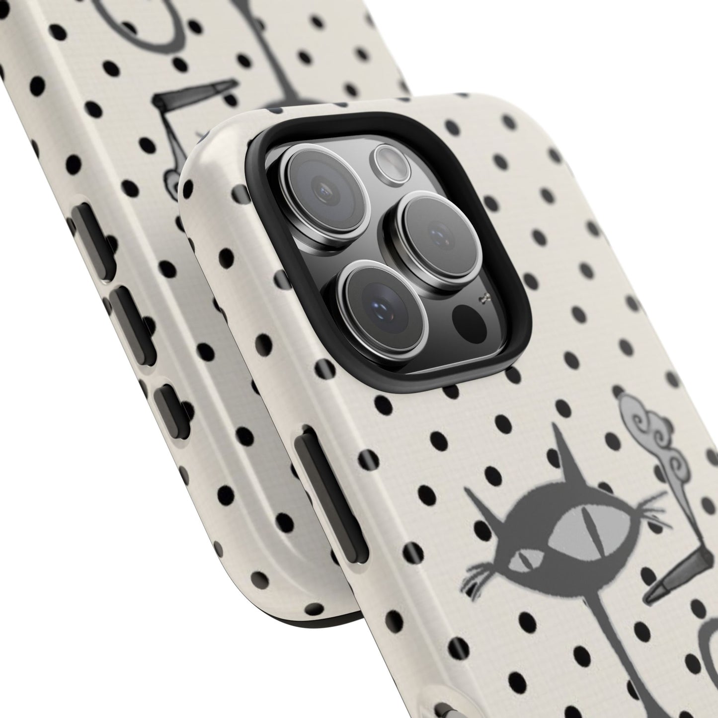 Le Cat Phone Case in Cream & Black Polka