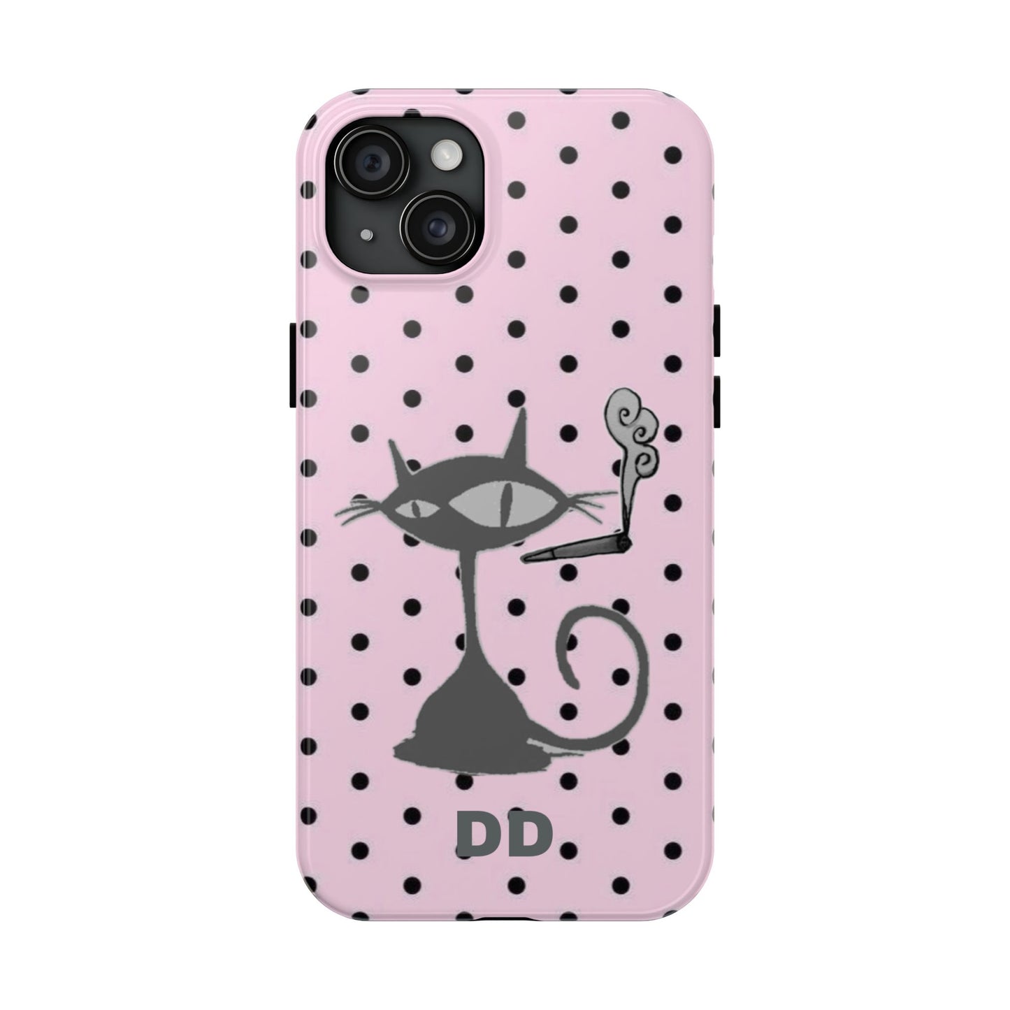 Le Cat Phone Case in Pink & Black Polka Dots