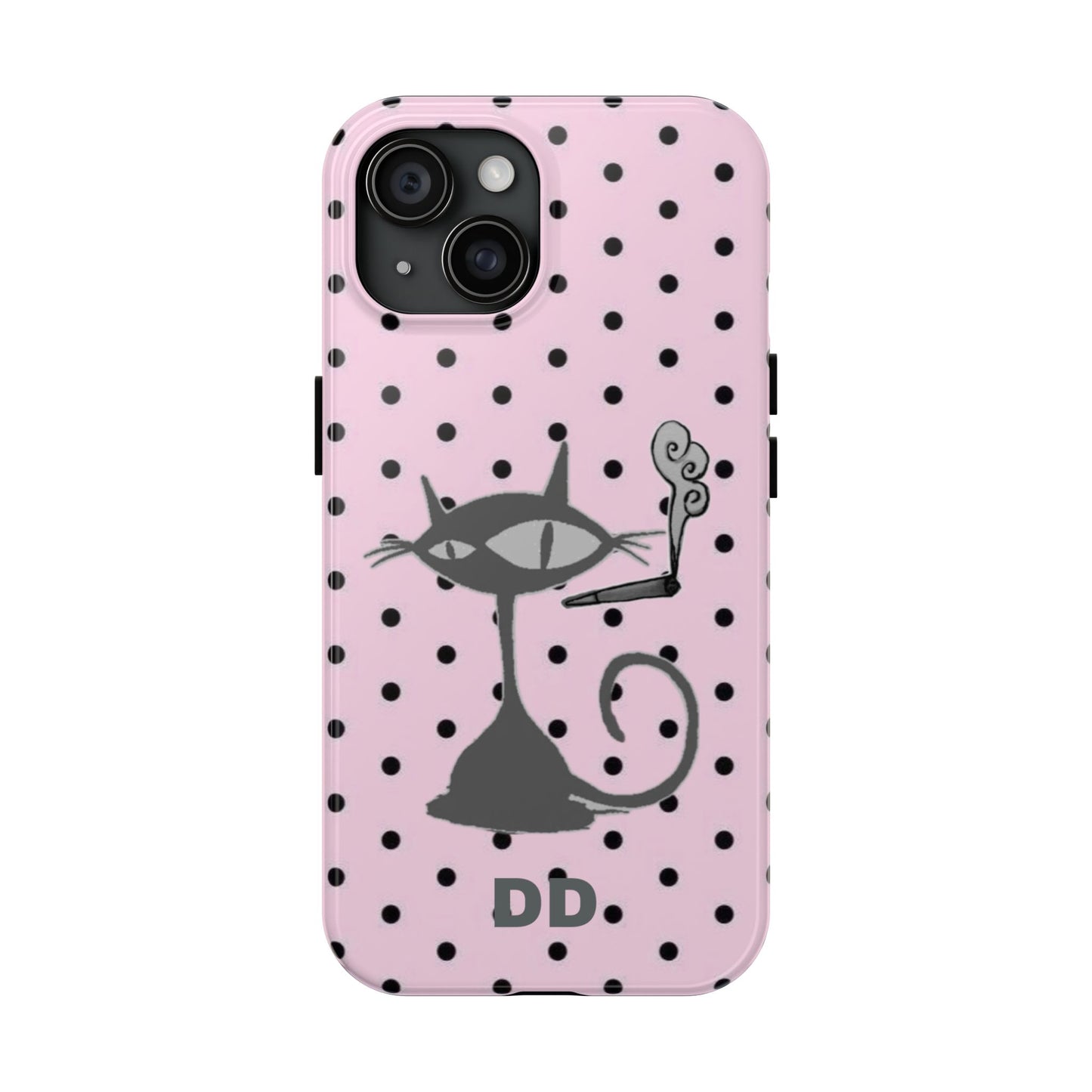 Le Cat Phone Case in Pink & Black Polka Dots