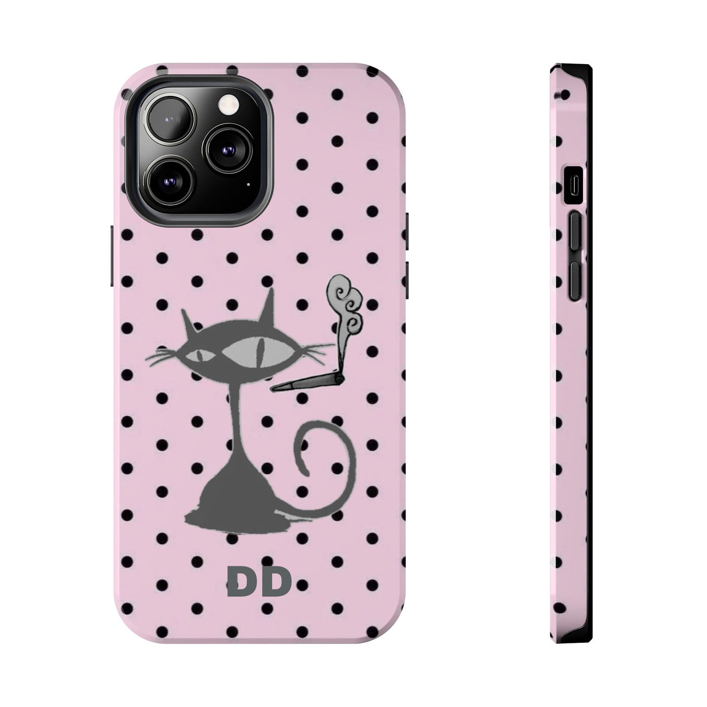 Le Cat Phone Case in Pink & Black Polka Dots