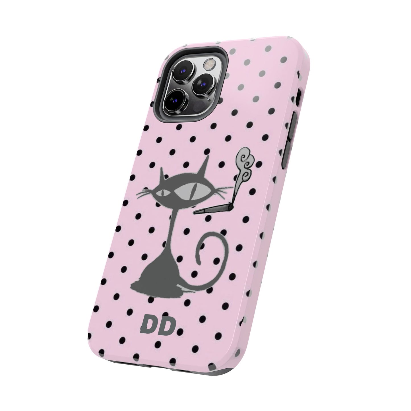 Le Cat Phone Case in Pink & Black Polka Dots