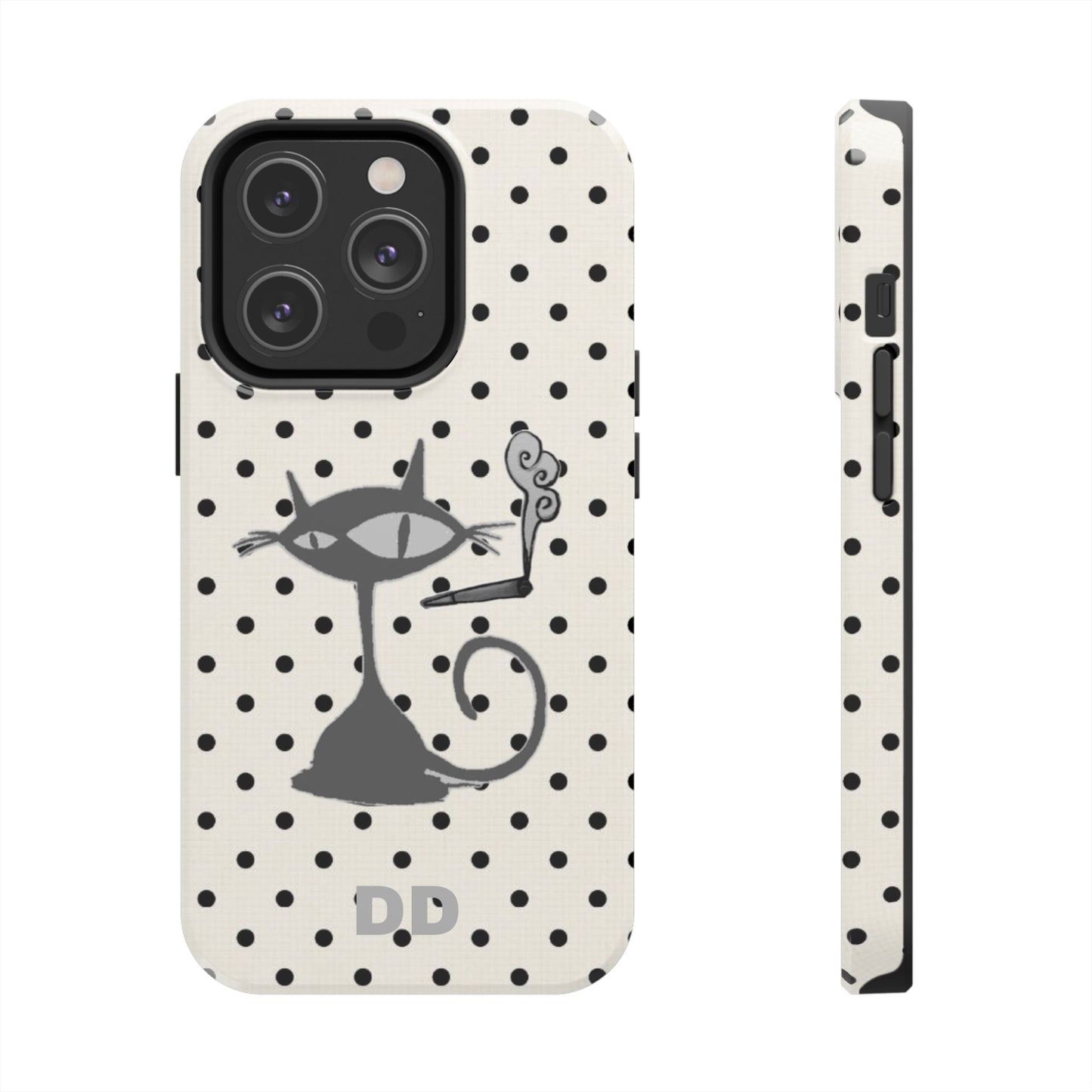 Le Cat Phone Case in Cream & Black Polka