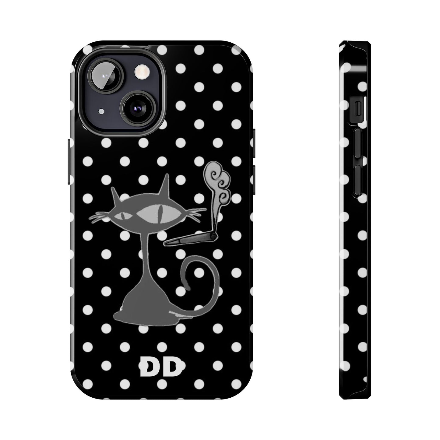 Le Cat Phone Case in Black & White Polka Dots