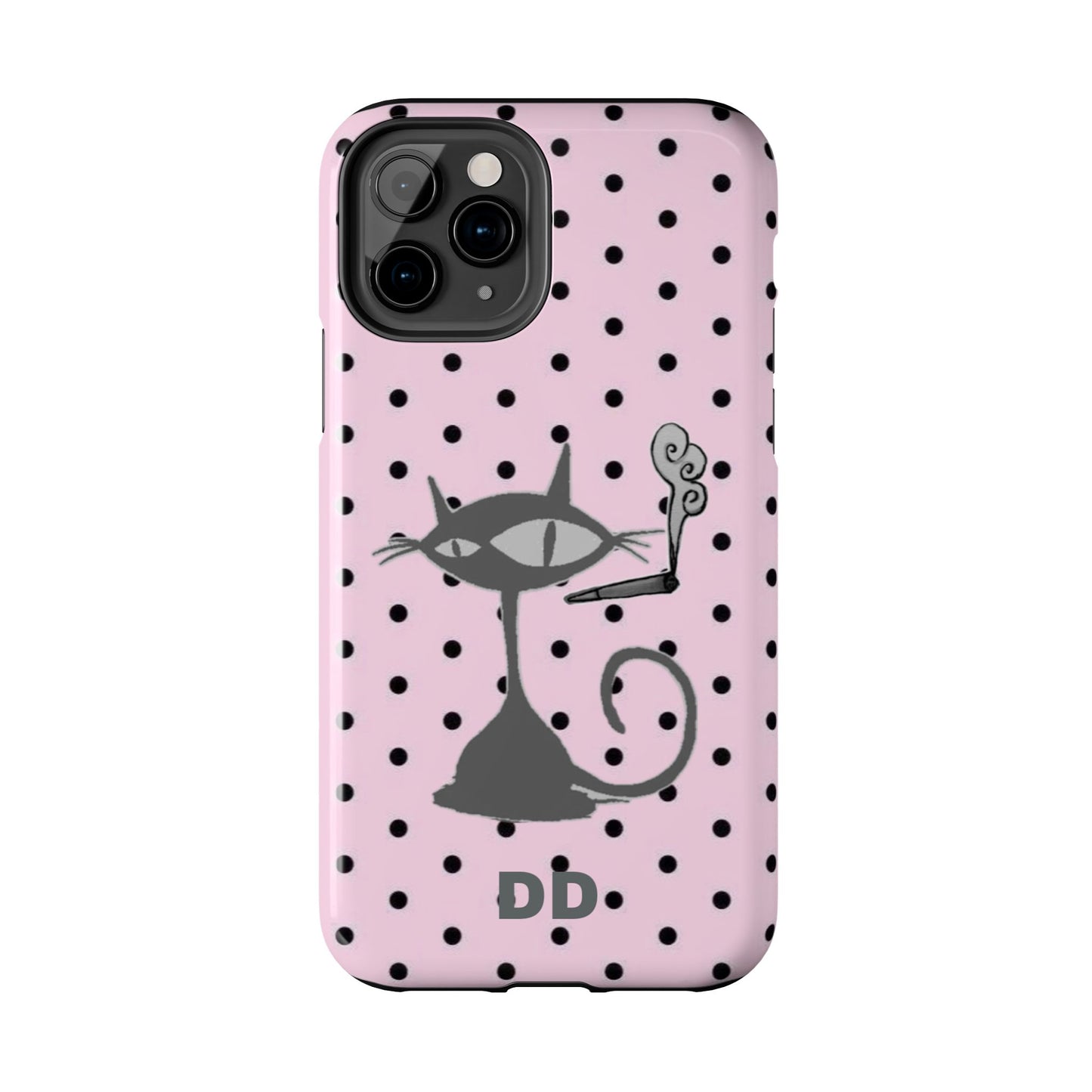 Le Cat Phone Case in Pink & Black Polka Dots