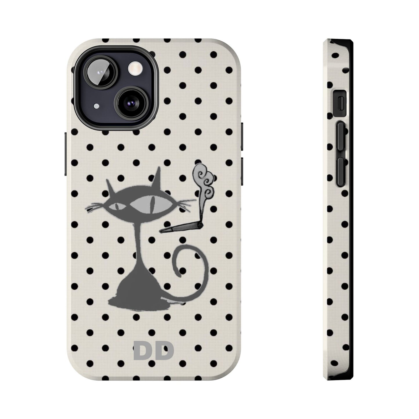 Le Cat Phone Case in Cream & Black Polka