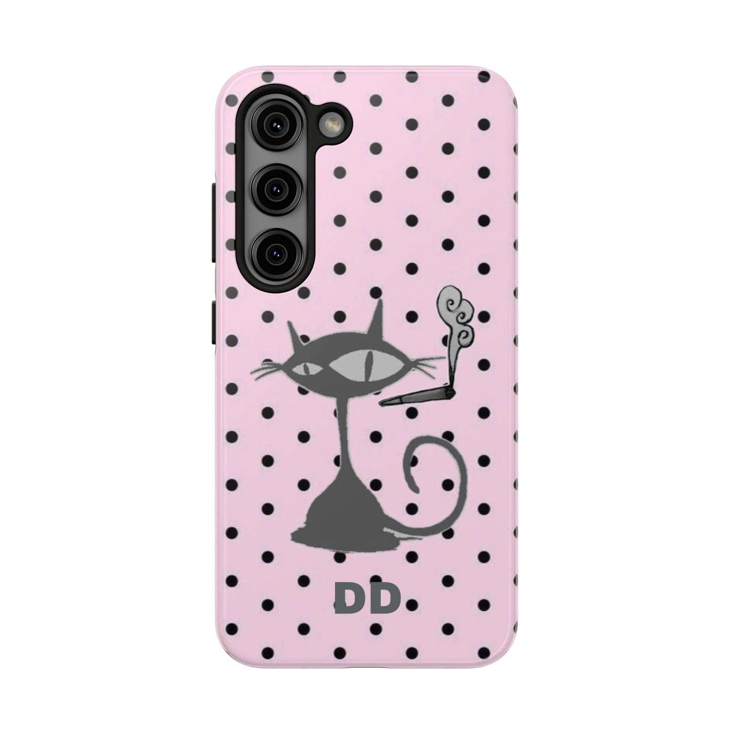 Le Cat Phone Case in Pink & Black Polka Dots