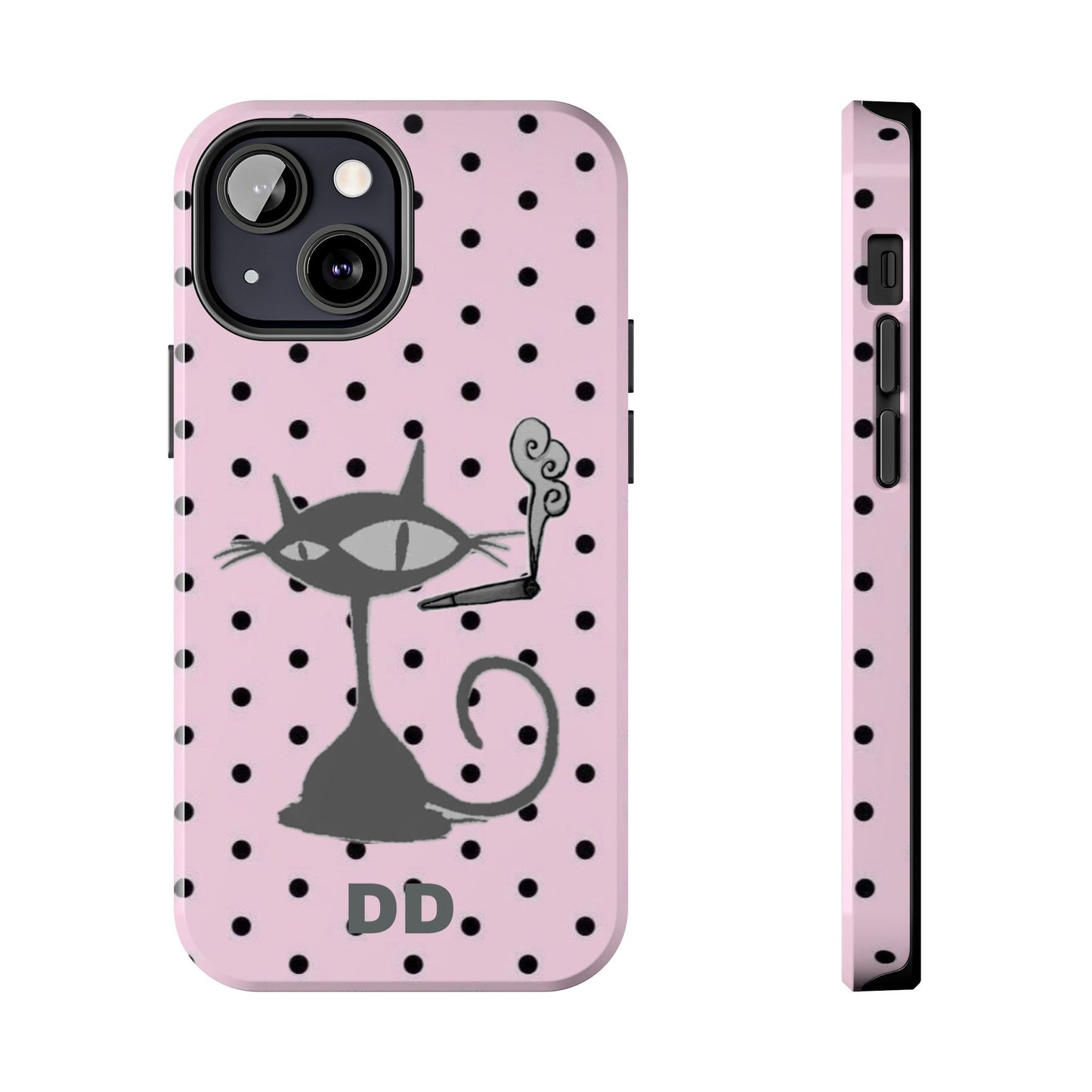 Le Cat Phone Case in Pink & Black Polka Dots