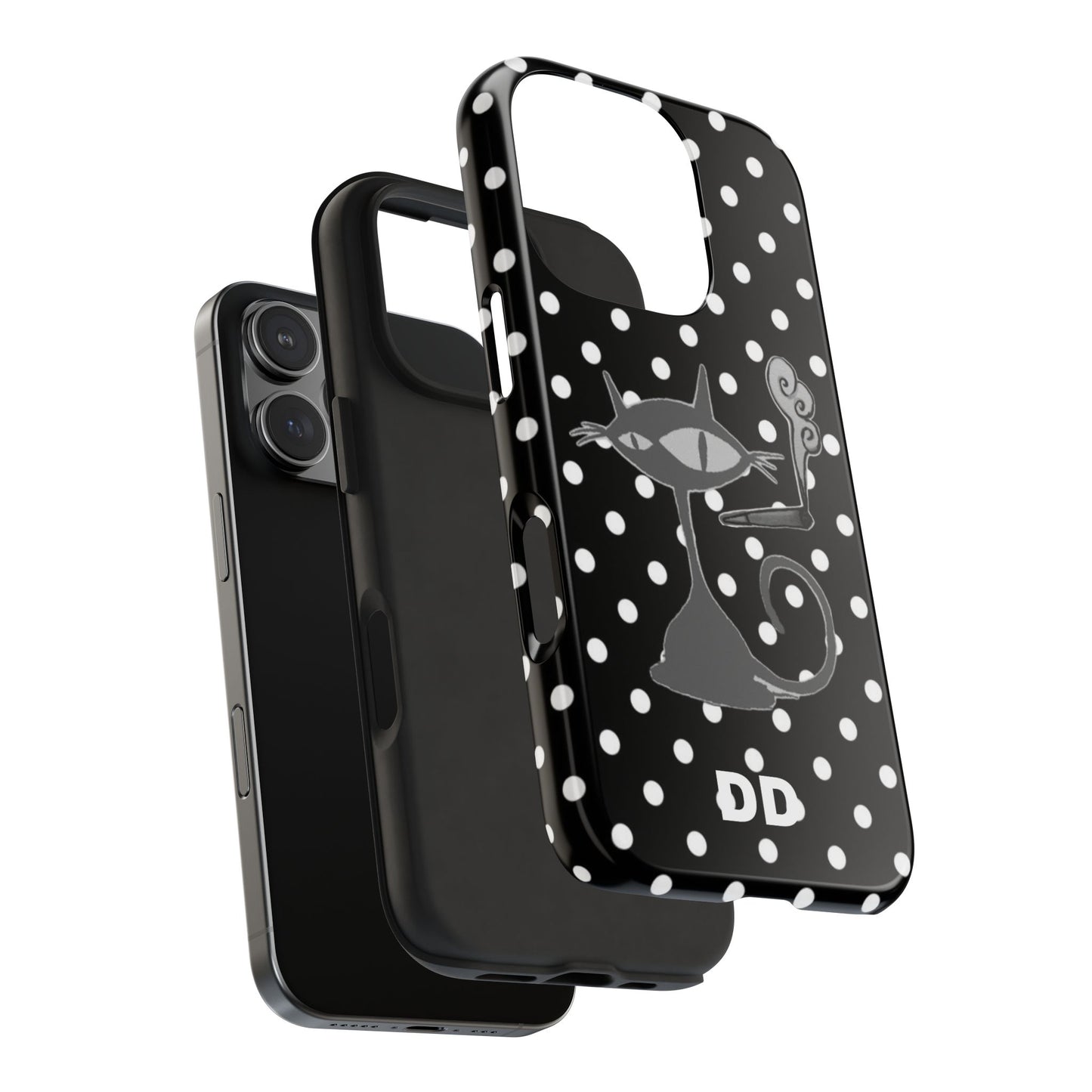 Le Cat Phone Case in Black & White Polka Dots