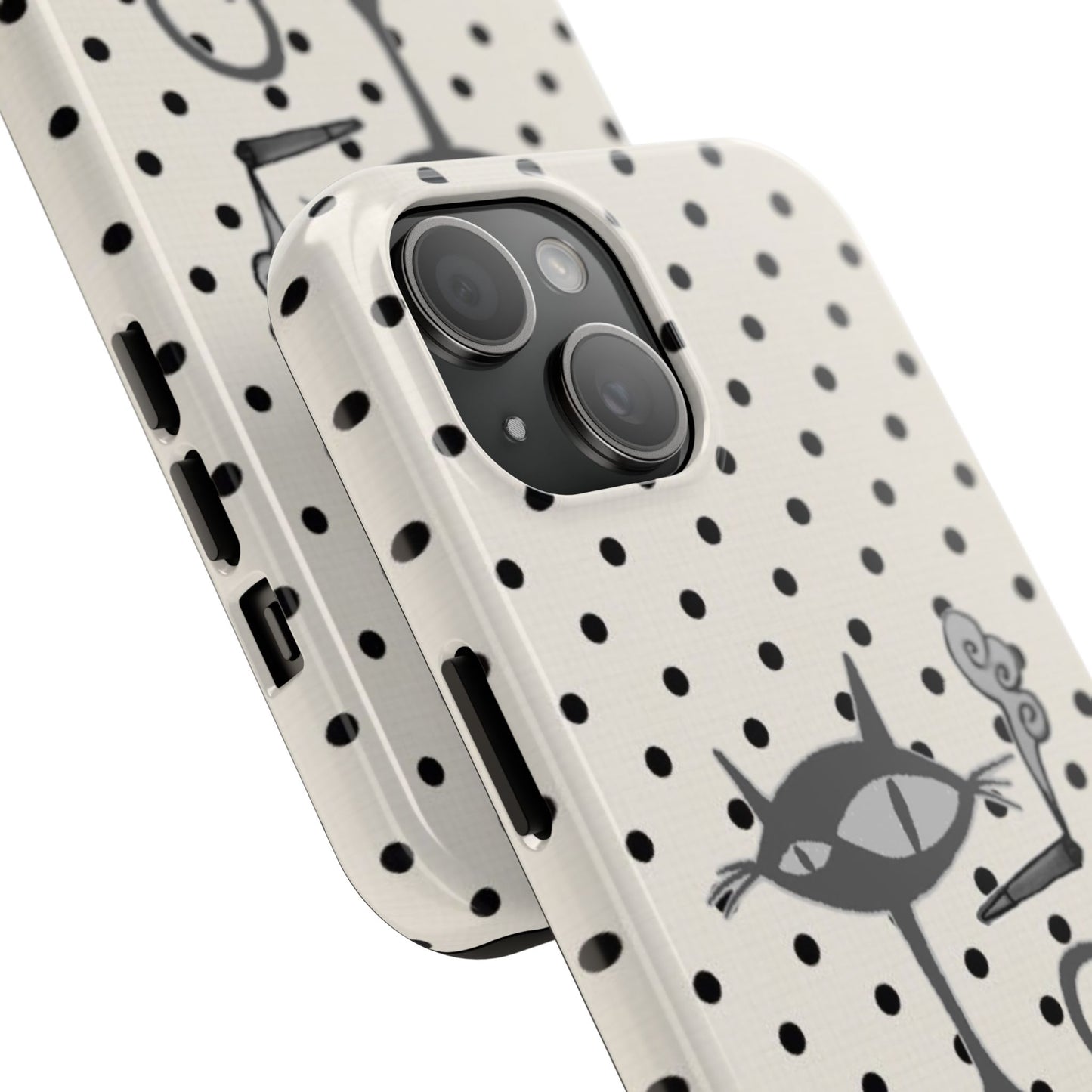 Le Cat Phone Case in Cream & Black Polka