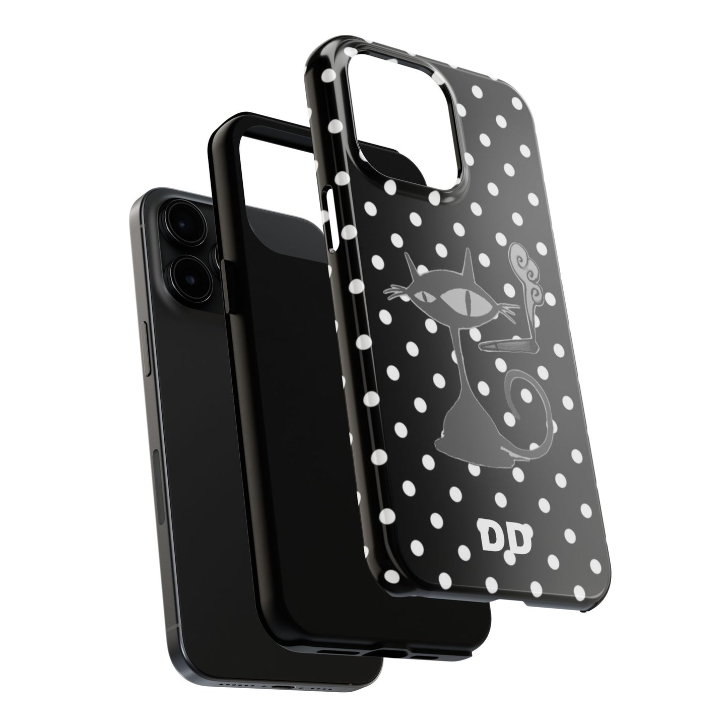Le Cat Phone Case in Black & White Polka Dots
