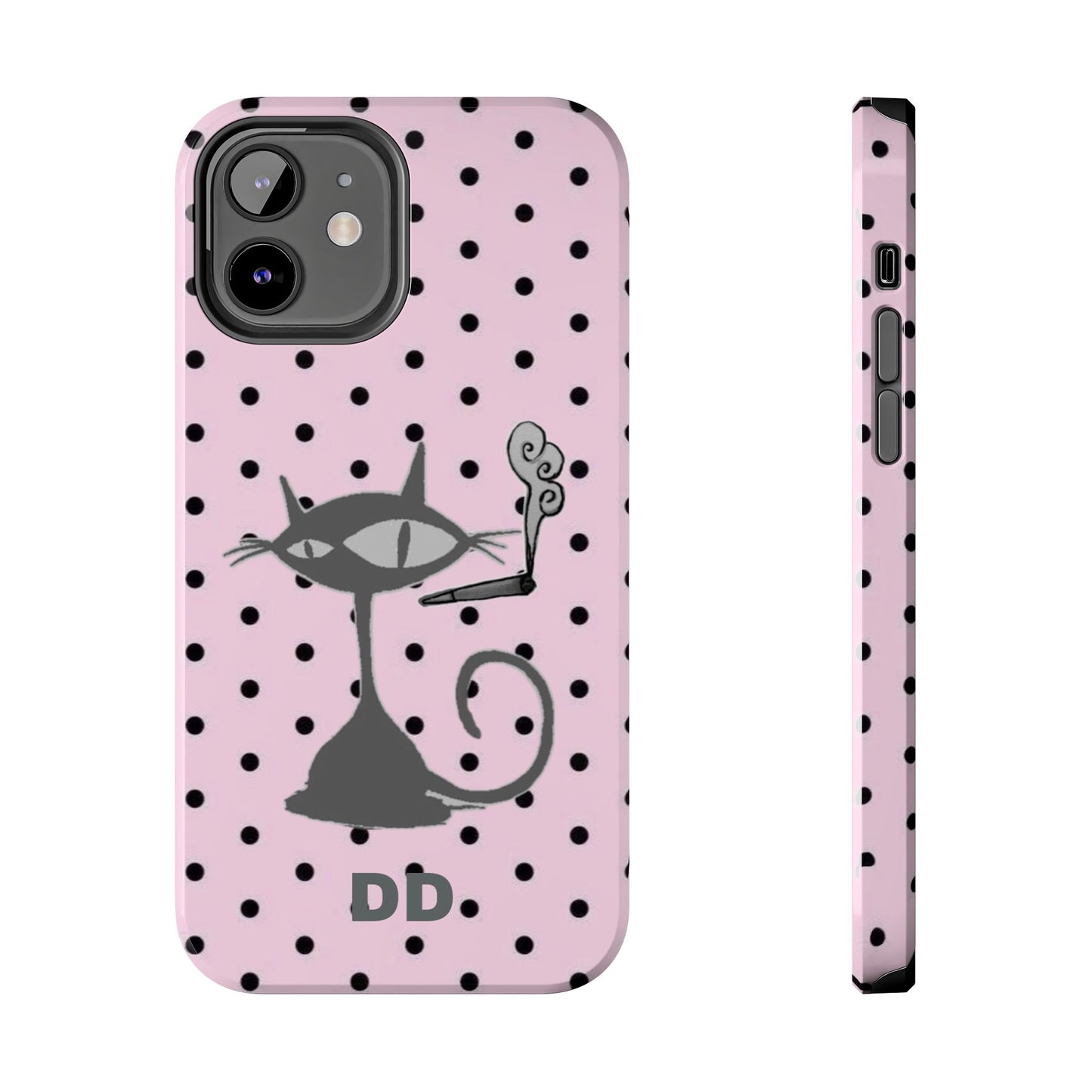 Le Cat Phone Case in Pink & Black Polka Dots