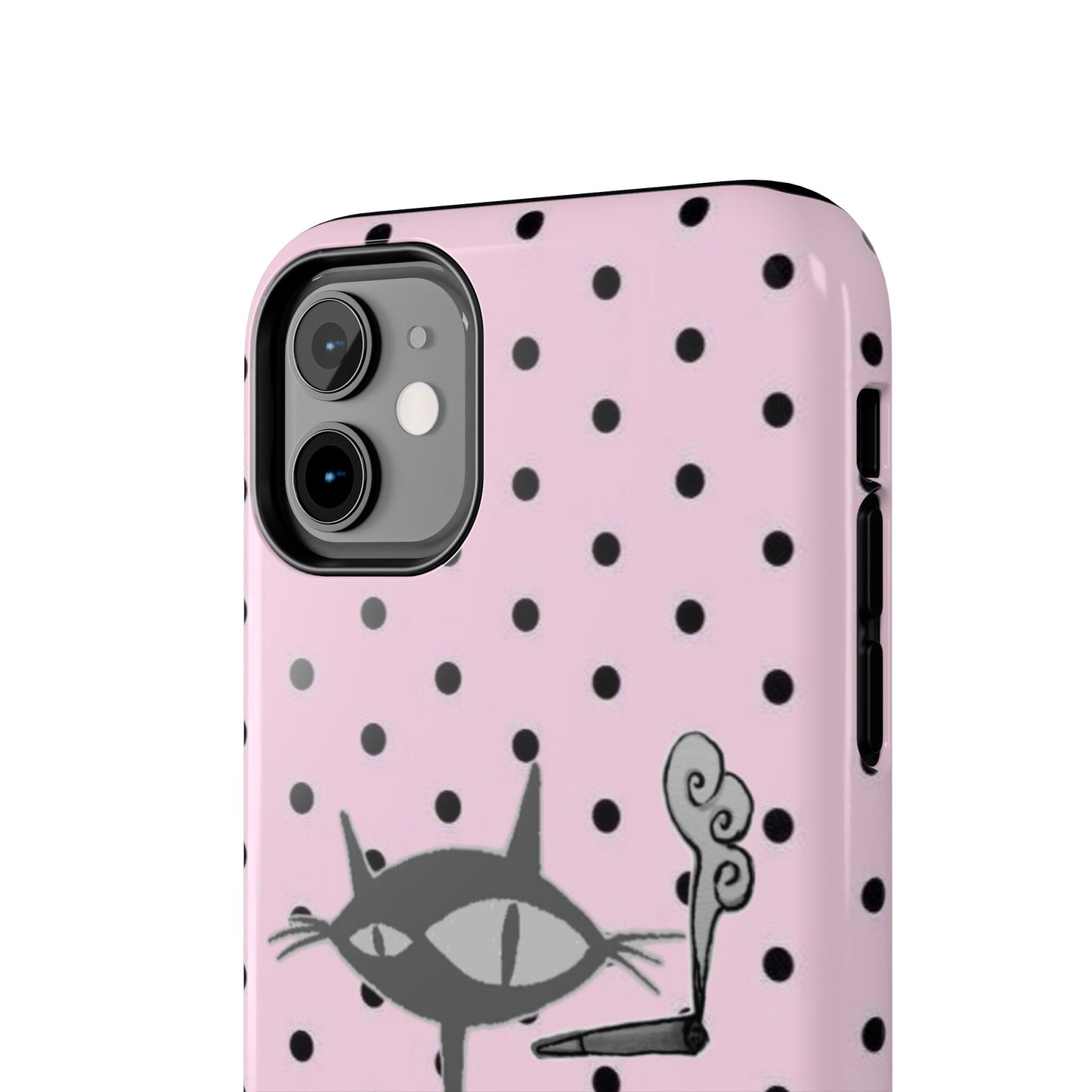 Le Cat Phone Case in Pink & Black Polka Dots