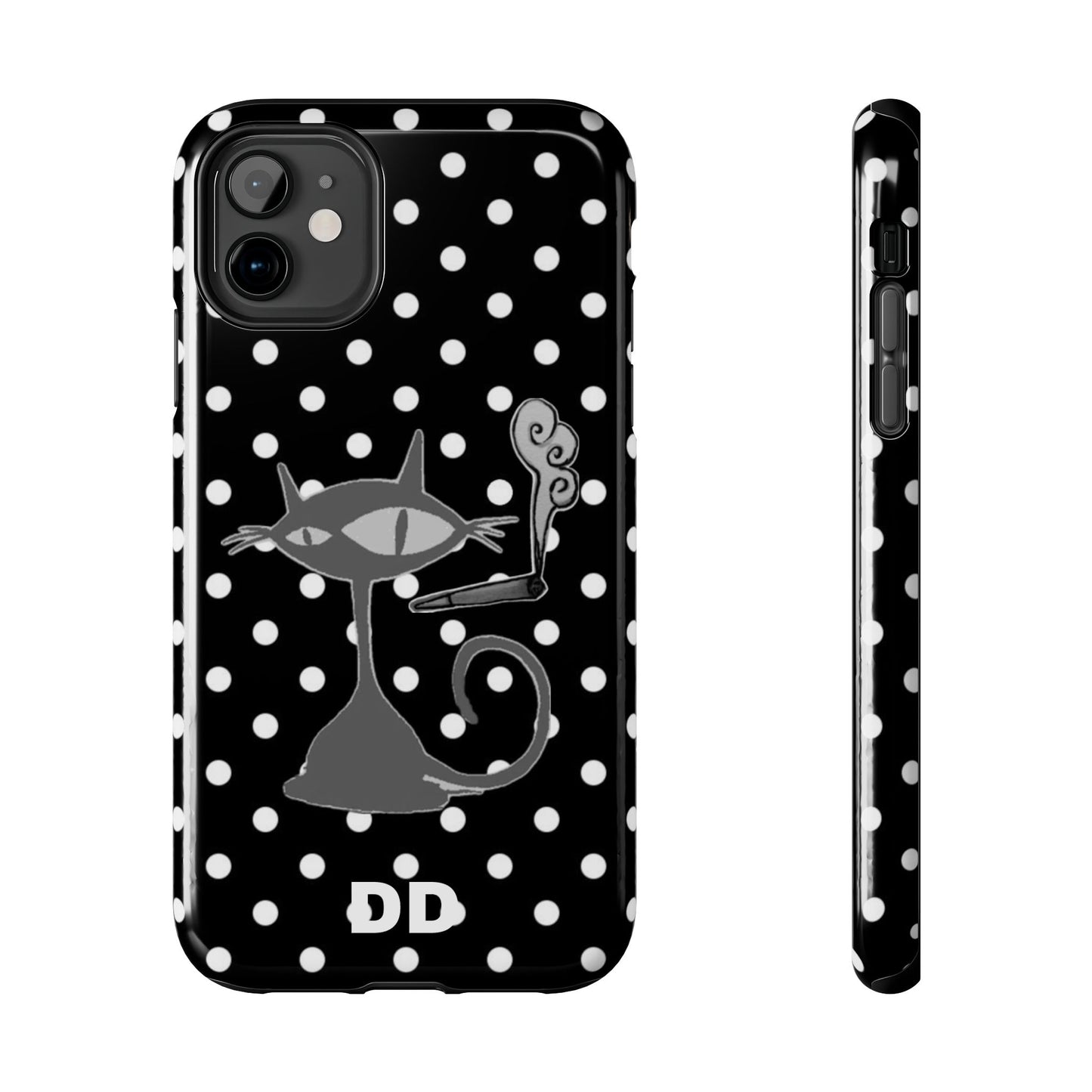 Le Cat Phone Case in Black & White Polka Dots