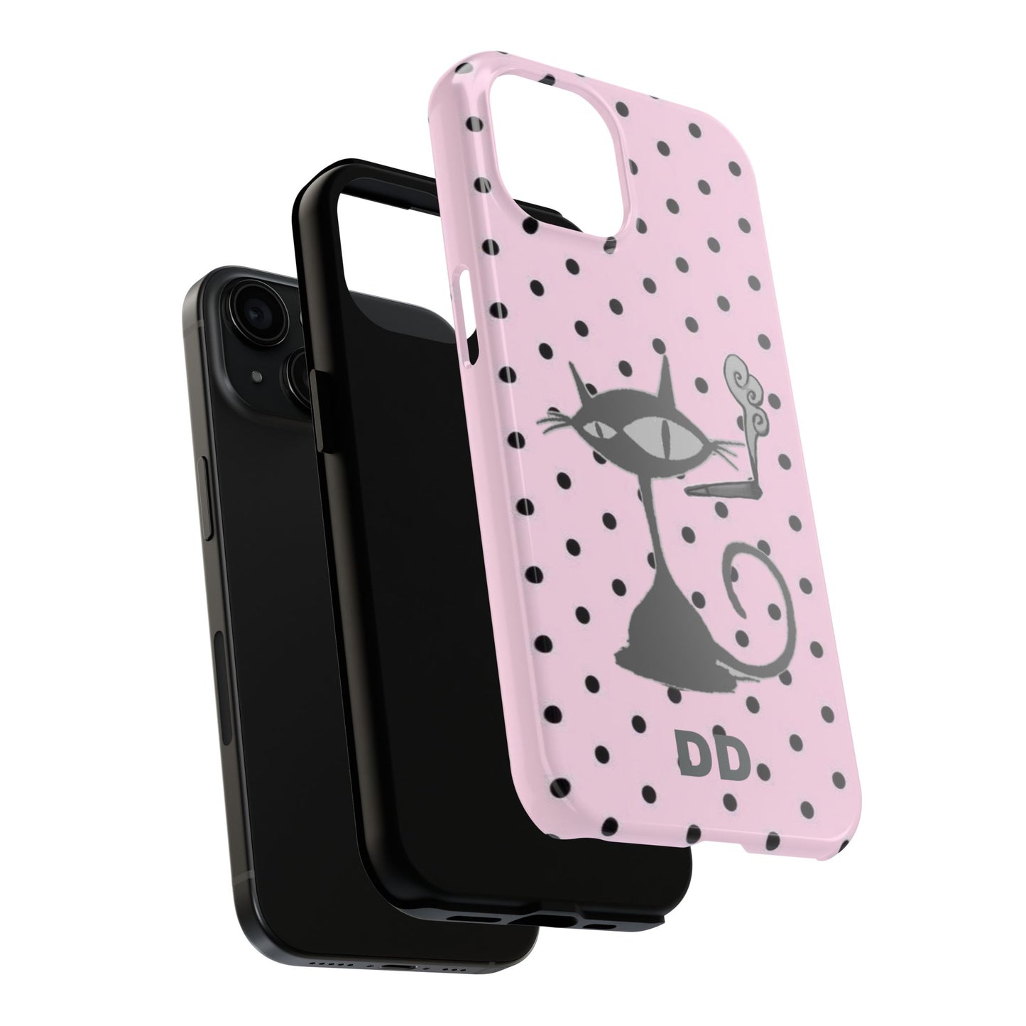 Le Cat Phone Case in Pink & Black Polka Dots