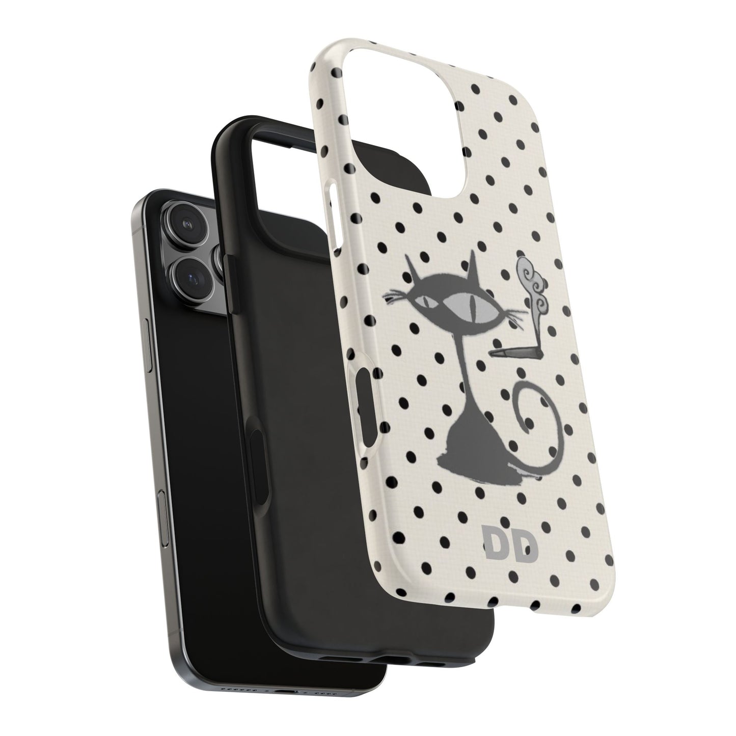 Le Cat Phone Case in Cream & Black Polka