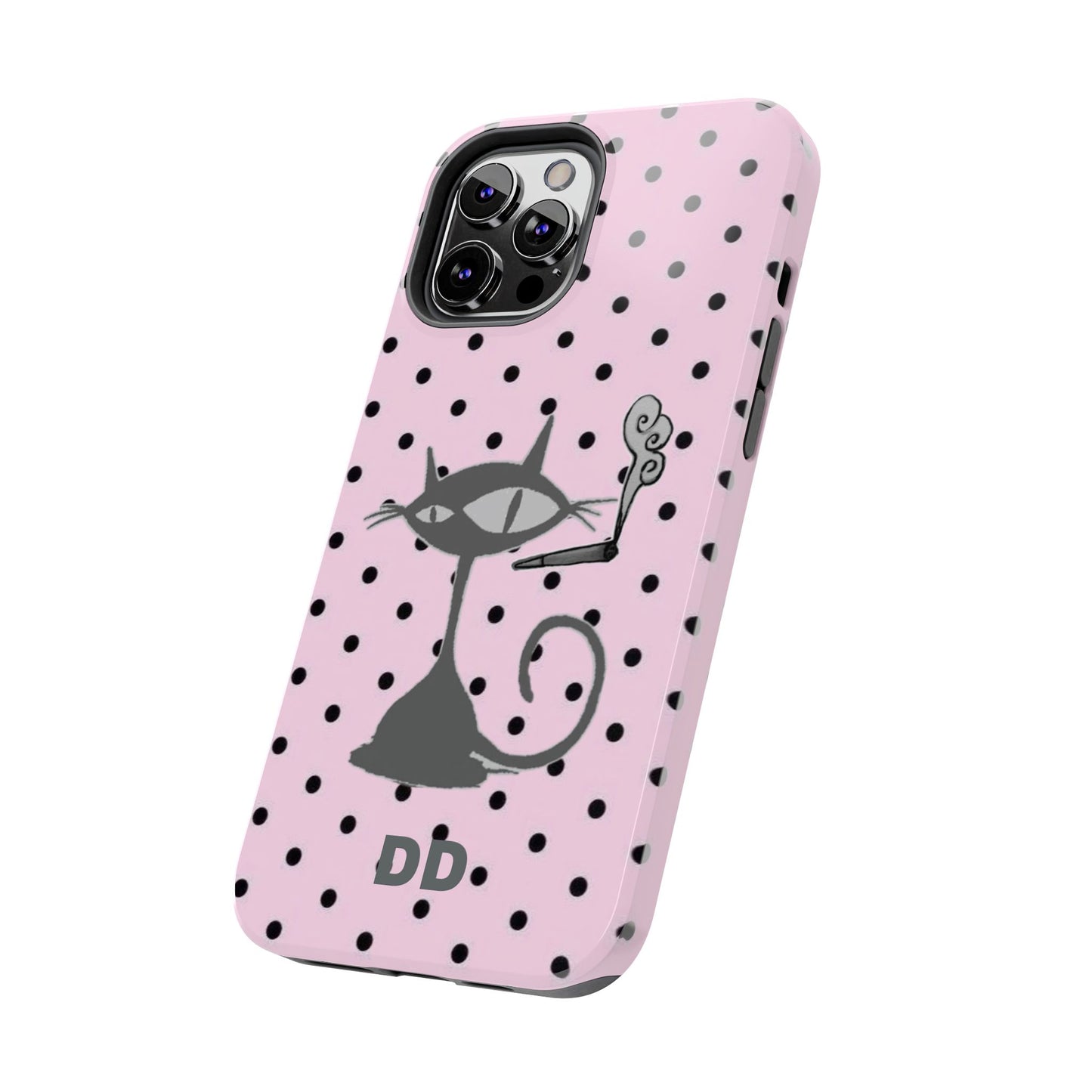 Le Cat Phone Case in Pink & Black Polka Dots