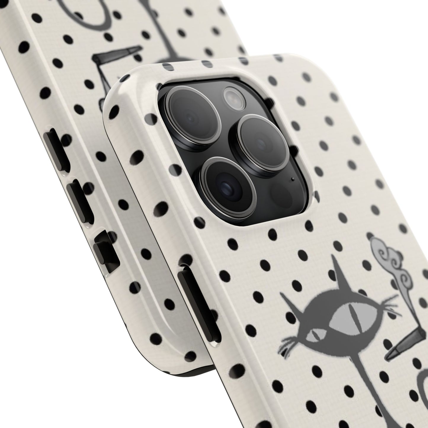 Le Cat Phone Case in Cream & Black Polka