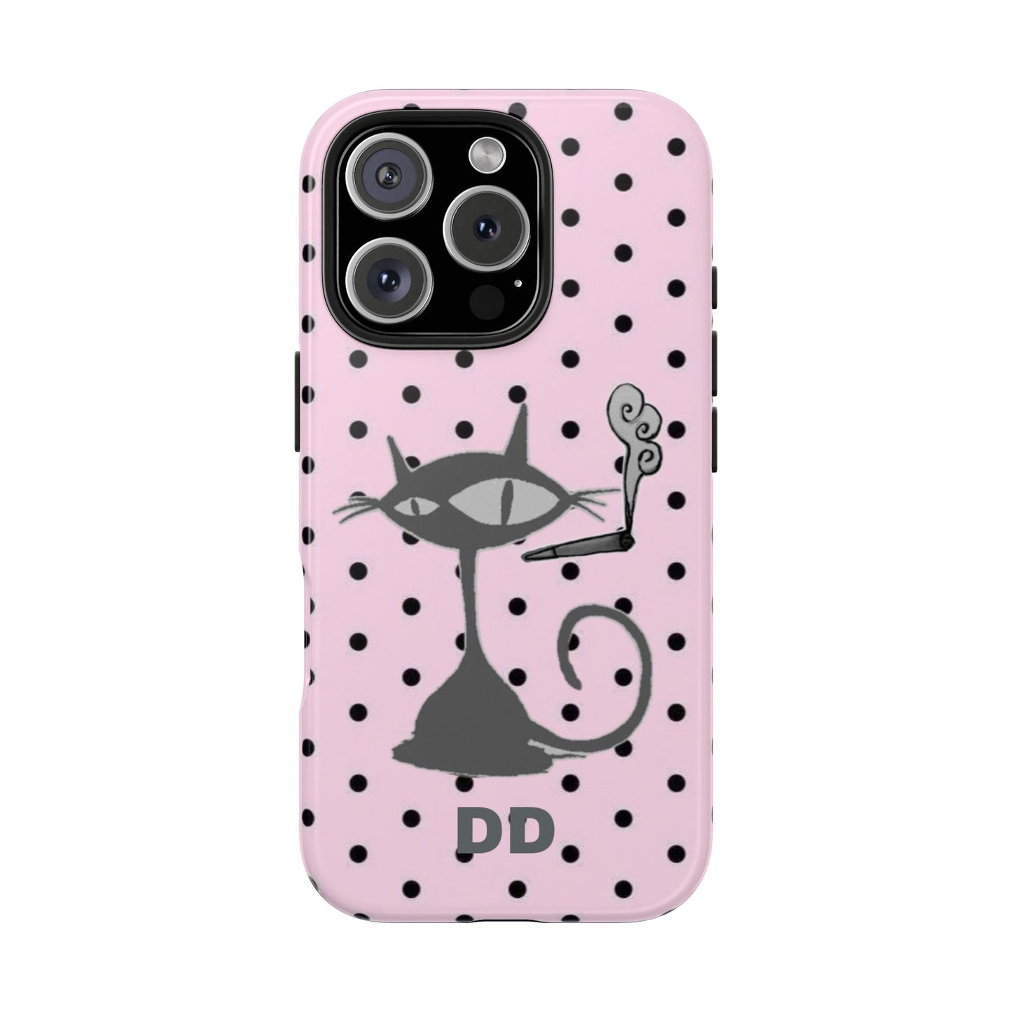 Le Cat Phone Case in Pink & Black Polka Dots