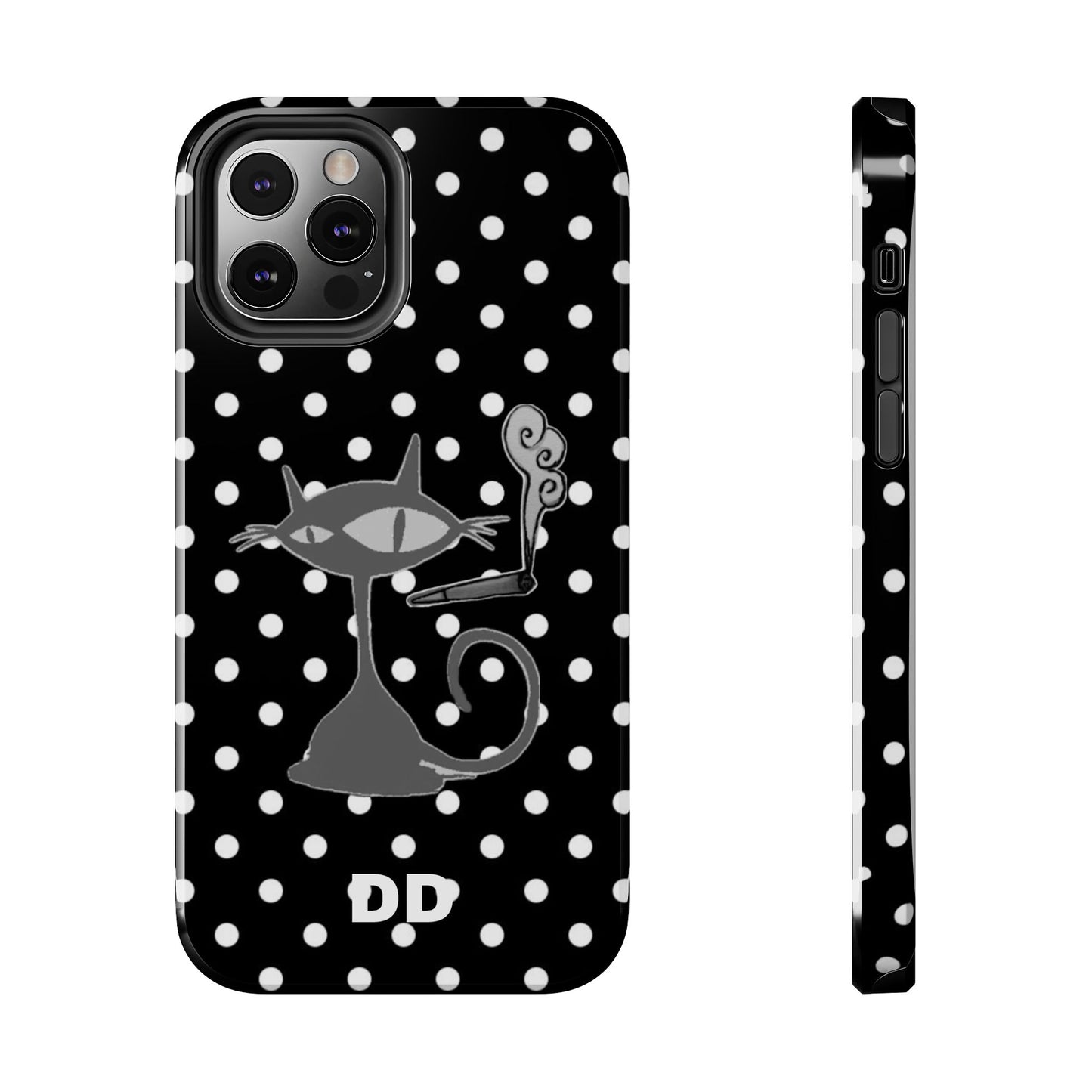 Le Cat Phone Case in Black & White Polka Dots