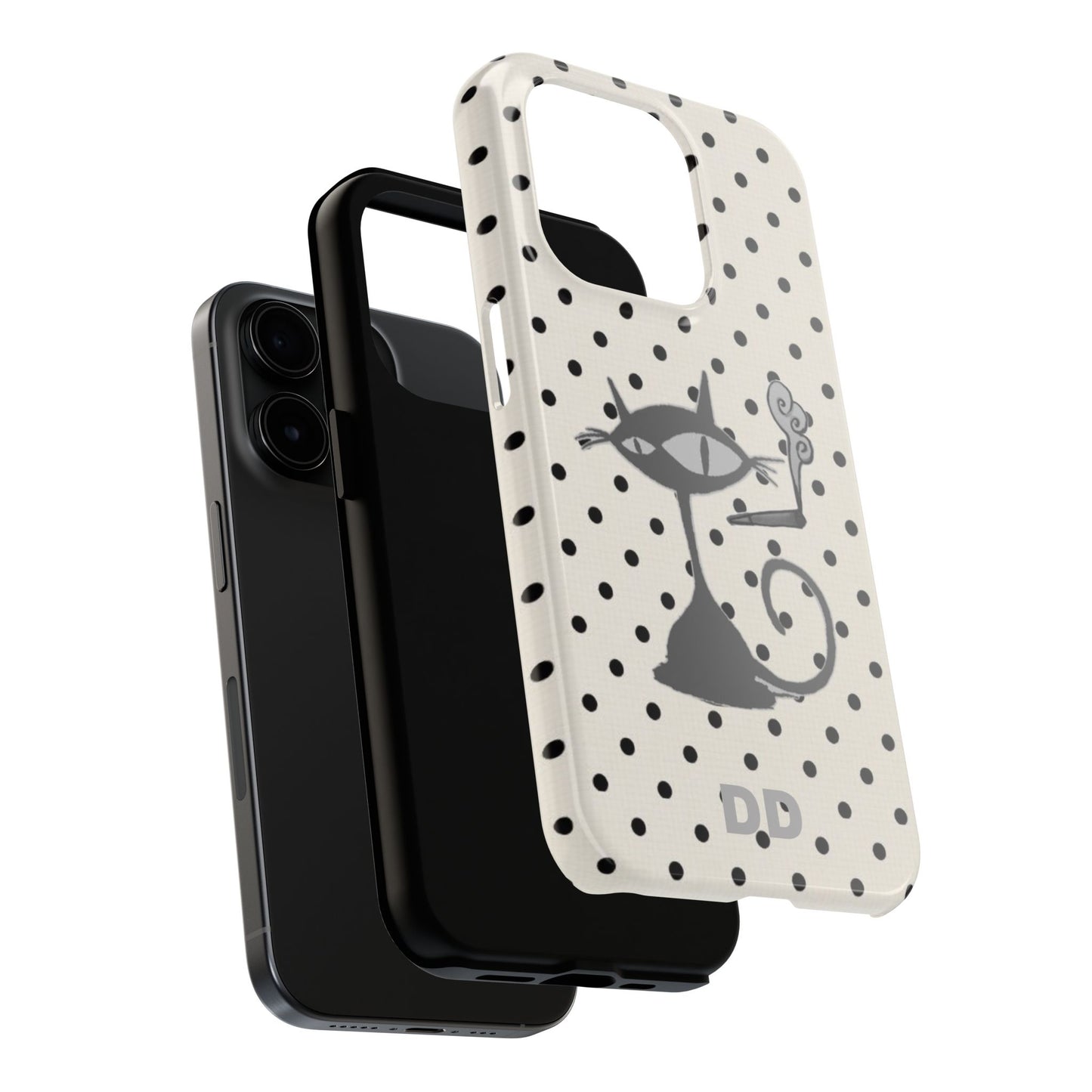 Le Cat Phone Case in Cream & Black Polka