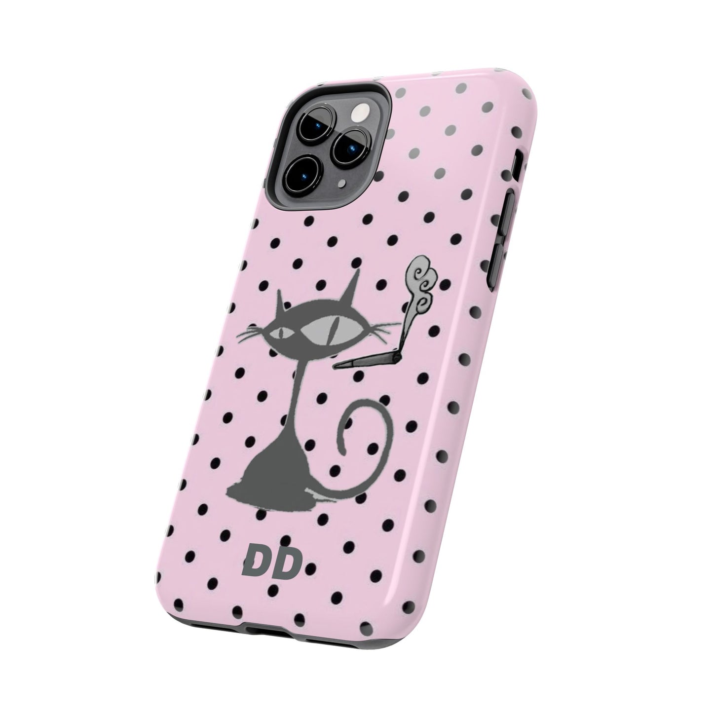 Le Cat Phone Case in Pink & Black Polka Dots