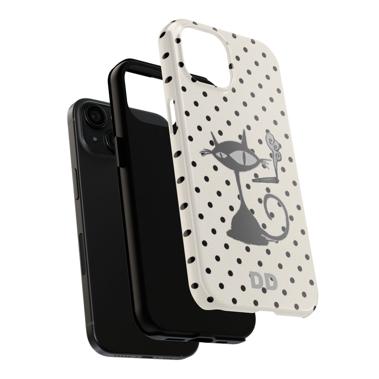 Le Cat Phone Case in Cream & Black Polka