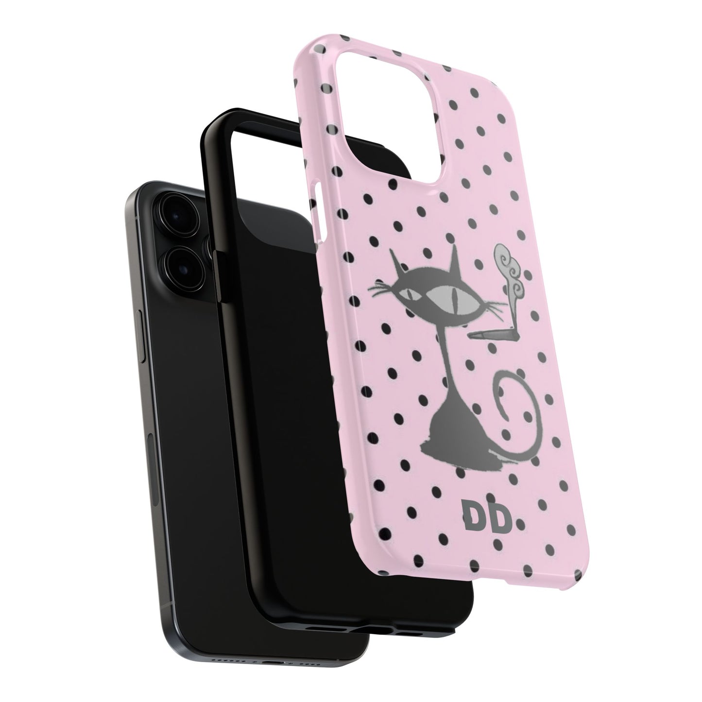 Le Cat Phone Case in Pink & Black Polka Dots