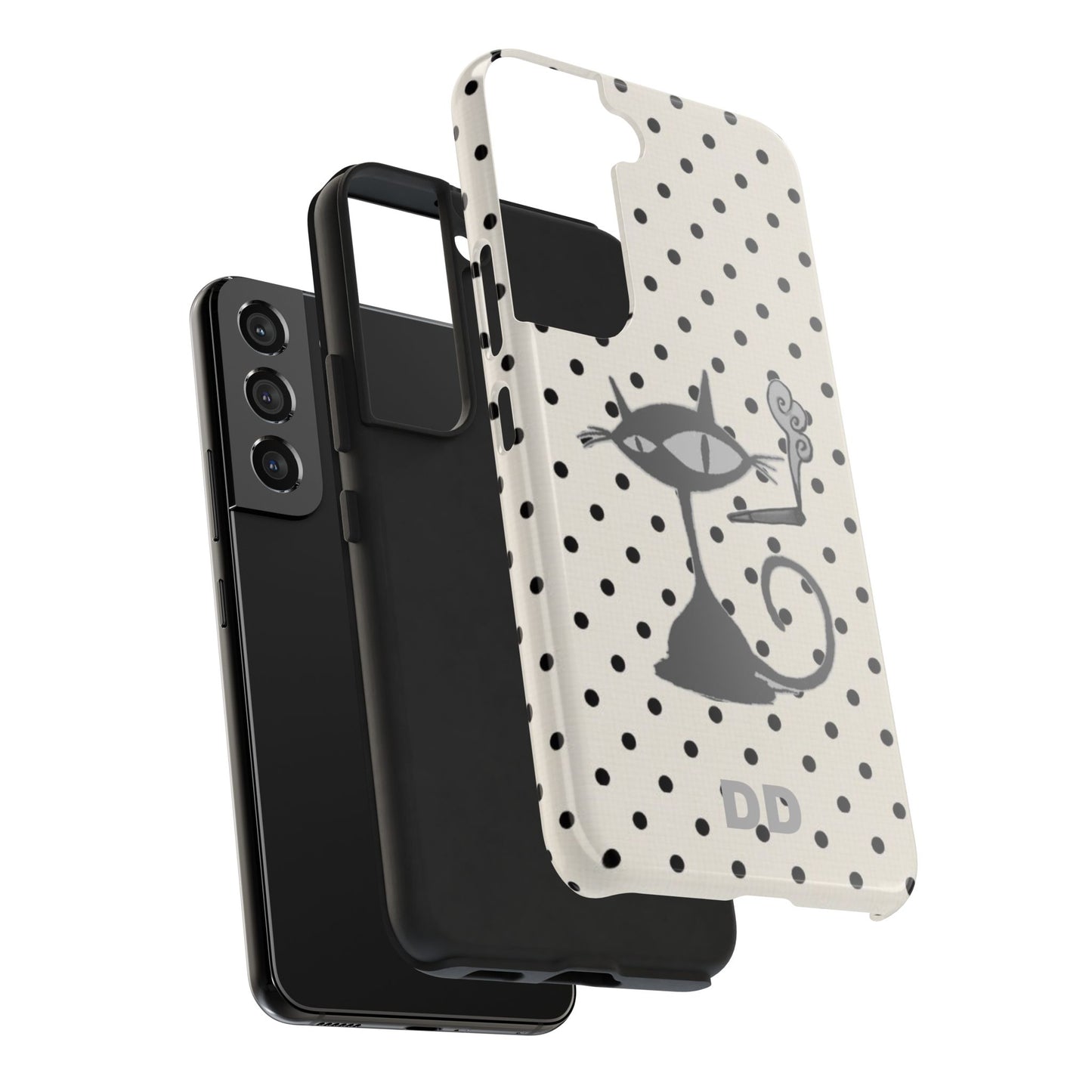 Le Cat Phone Case in Cream & Black Polka
