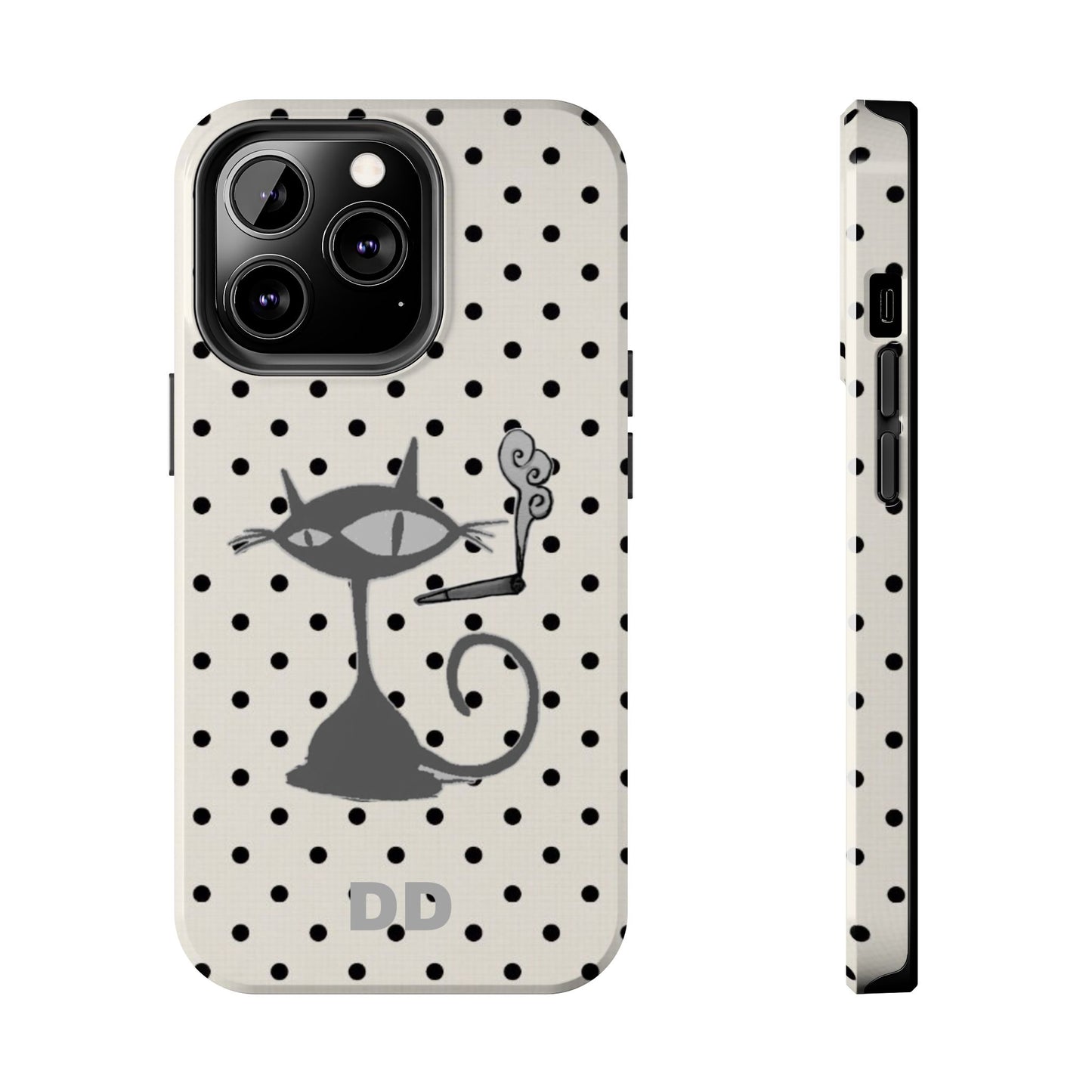 Le Cat Phone Case in Cream & Black Polka