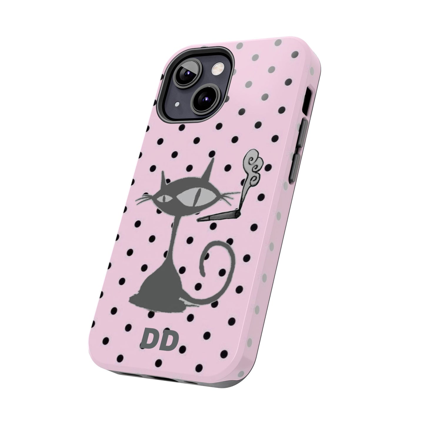 Le Cat Phone Case in Pink & Black Polka Dots