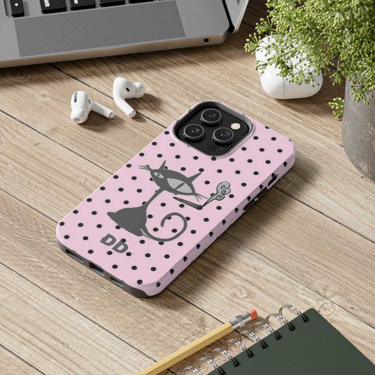 Le Cat Phone Case in Pink & Black Polka Dots