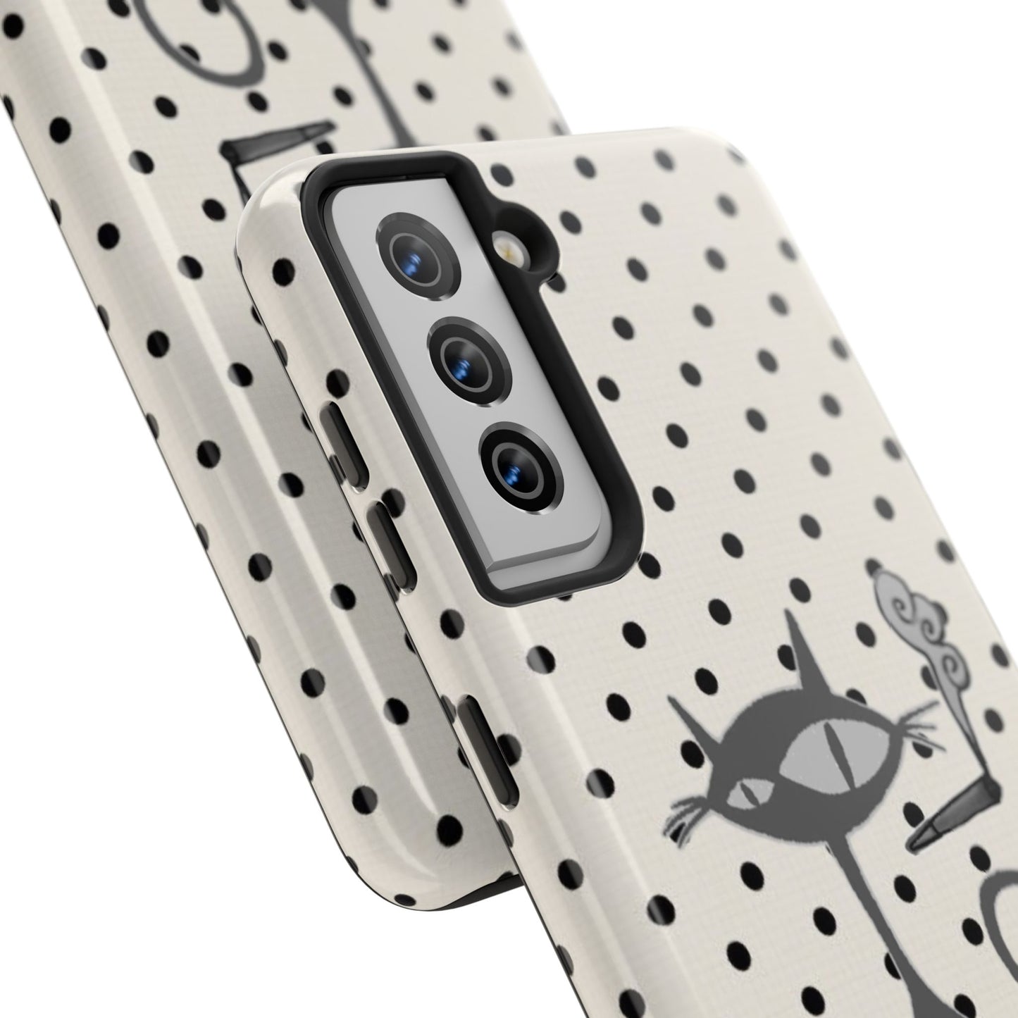Le Cat Phone Case in Cream & Black Polka