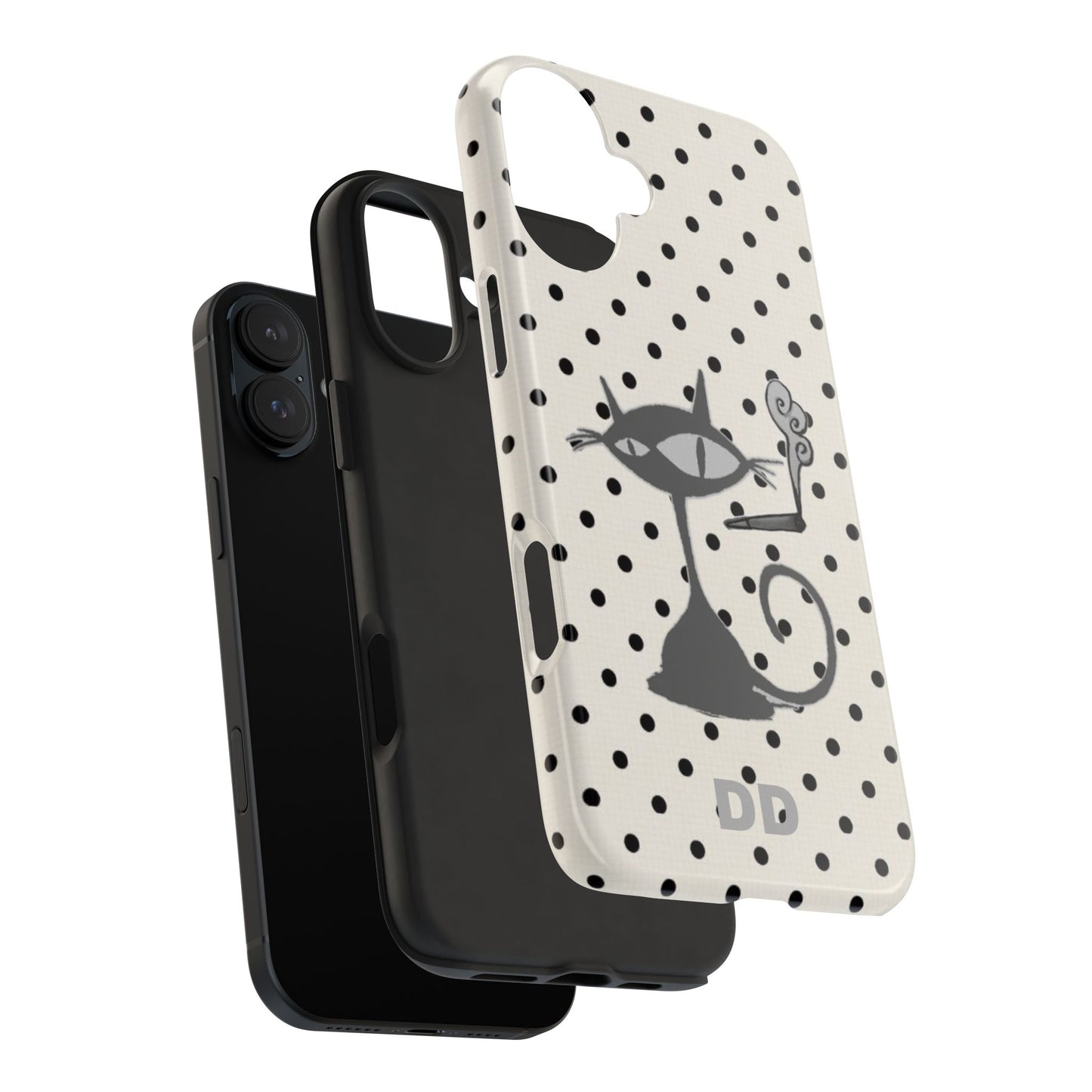 Le Cat Phone Case in Cream & Black Polka