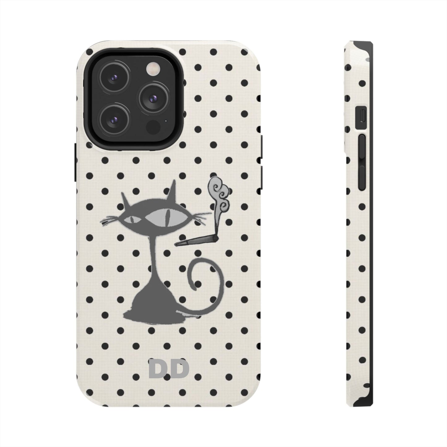 Le Cat Phone Case in Cream & Black Polka