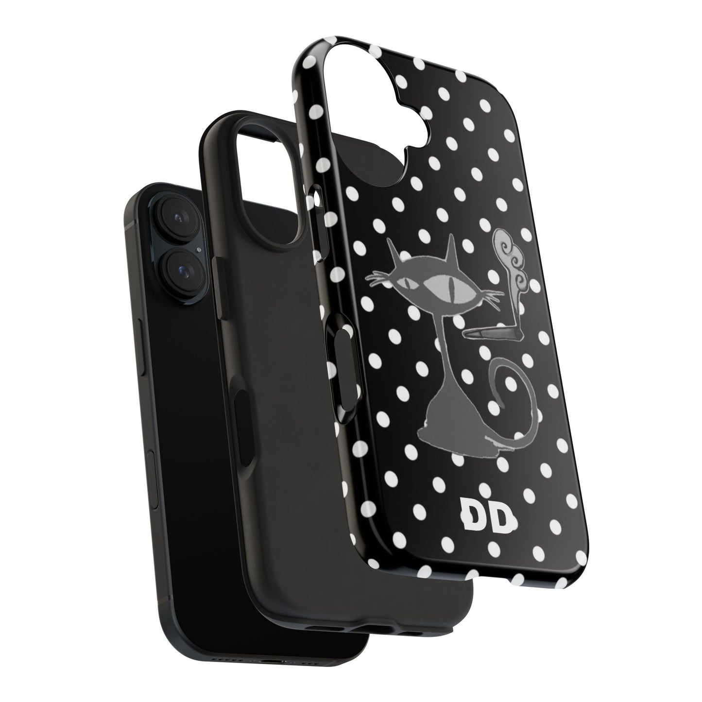 Le Cat Phone Case in Black & White Polka Dots