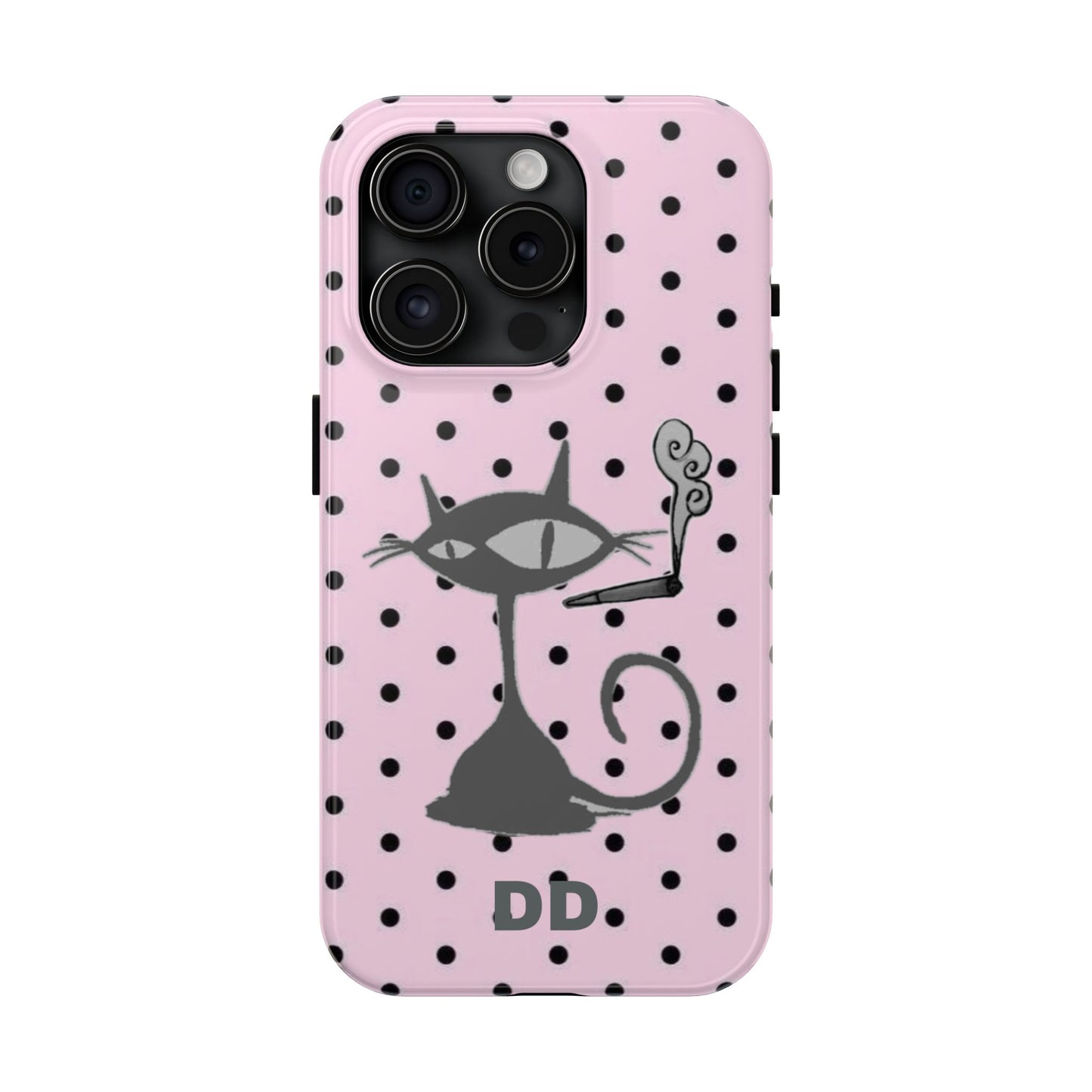 Le Cat Phone Case in Pink & Black Polka Dots