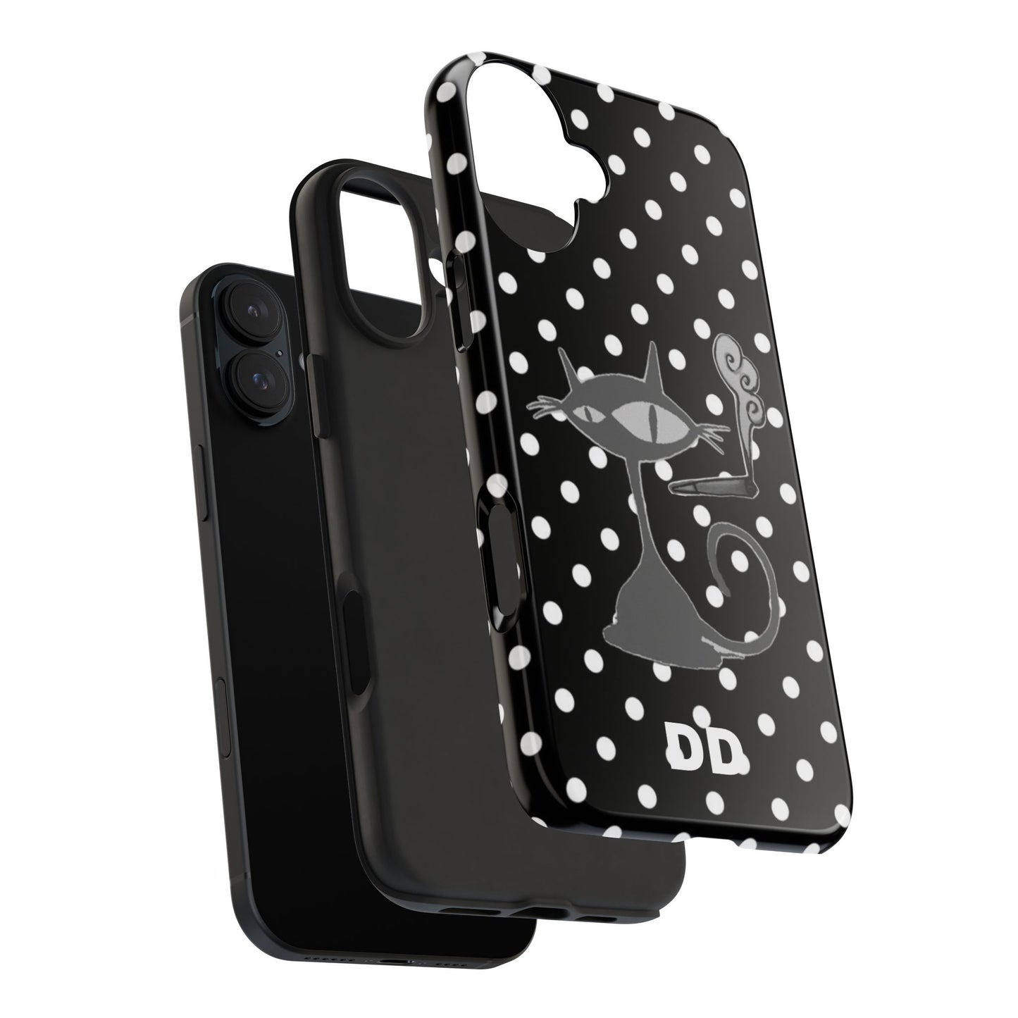 Le Cat Phone Case in Black & White Polka Dots