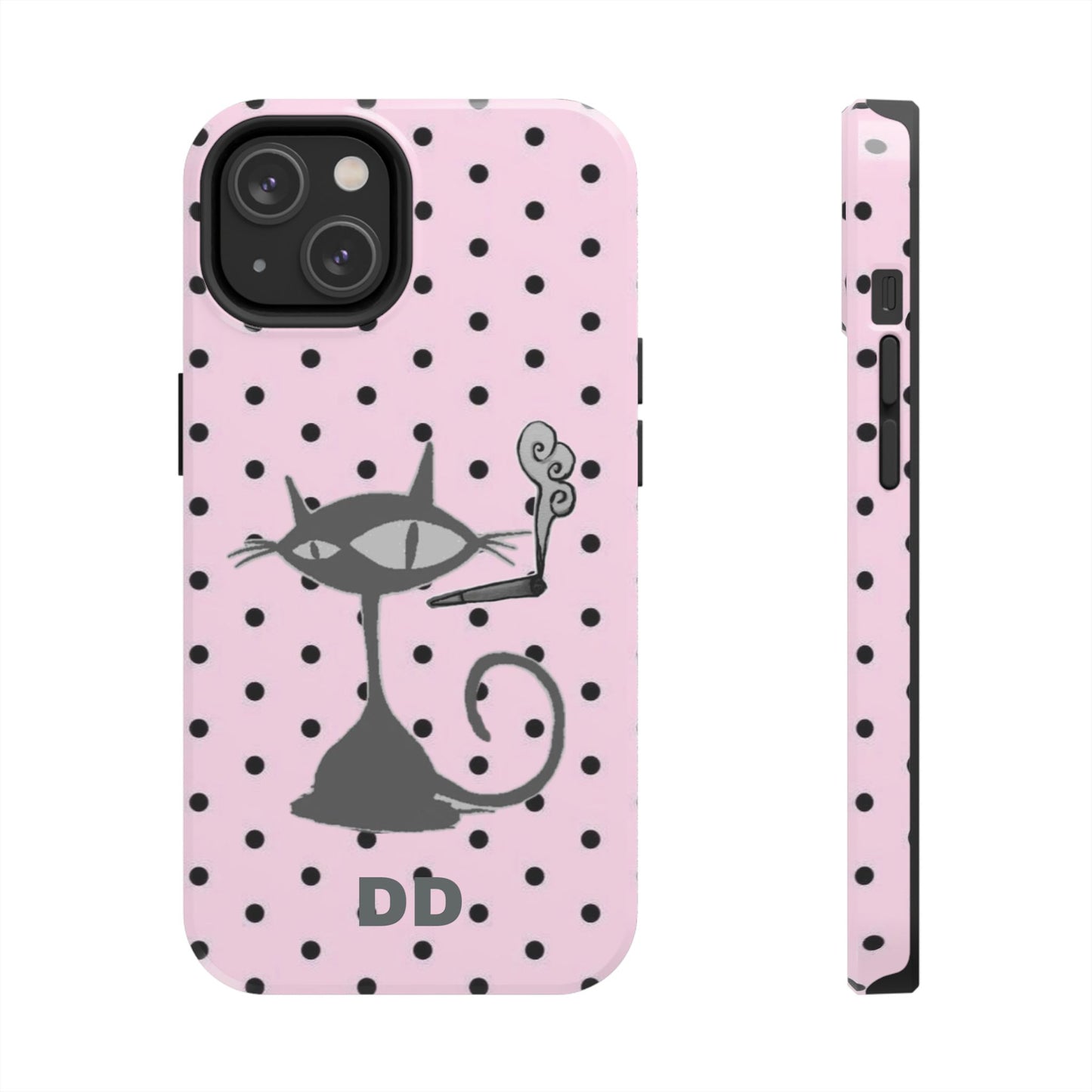 Le Cat Phone Case in Pink & Black Polka Dots