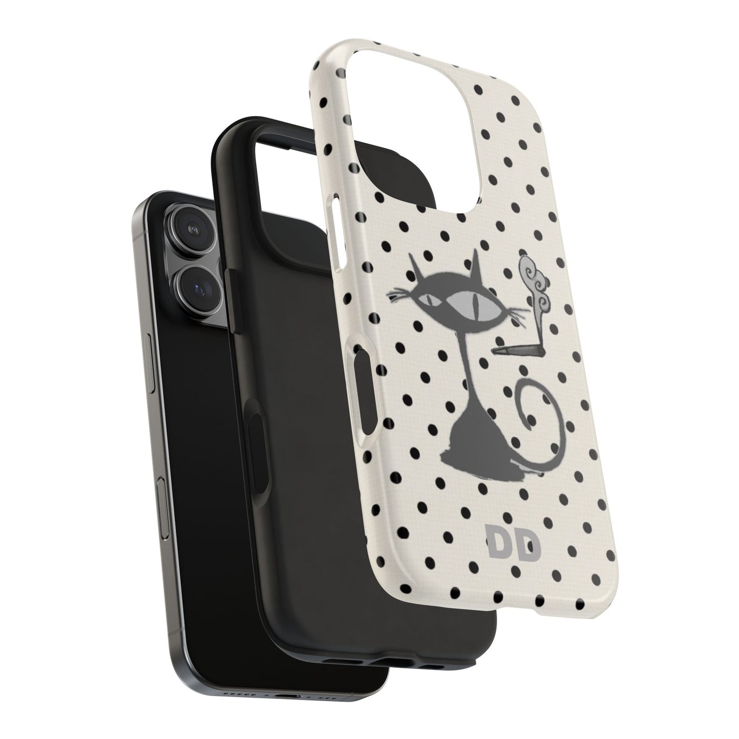 Le Cat Phone Case in Cream & Black Polka